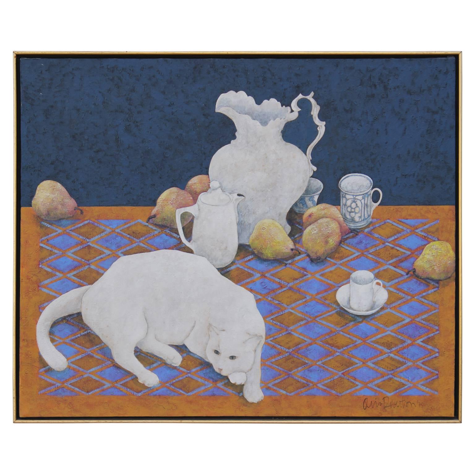 Oris Robertson Still-Life Painting - Cat with Tea Set and Pears Still Life Painting