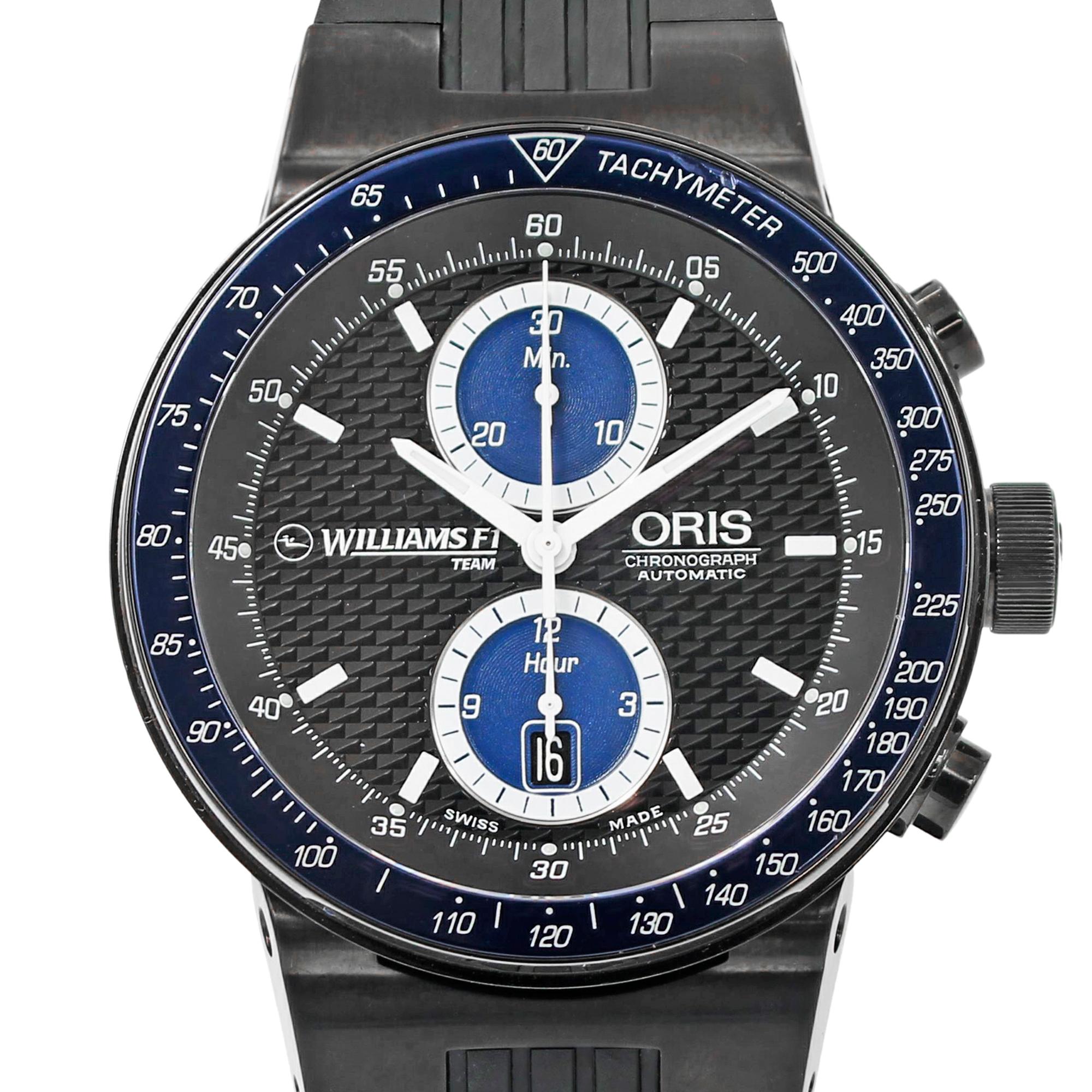This pre-owned Oris Williams F1 Team 673-7563-4754RS is a beautiful men's timepiece that is powered by an automatic movement which is cased in a stainless steel case. It has a round shape face, chronograph, date, small seconds subdial, tachymeter