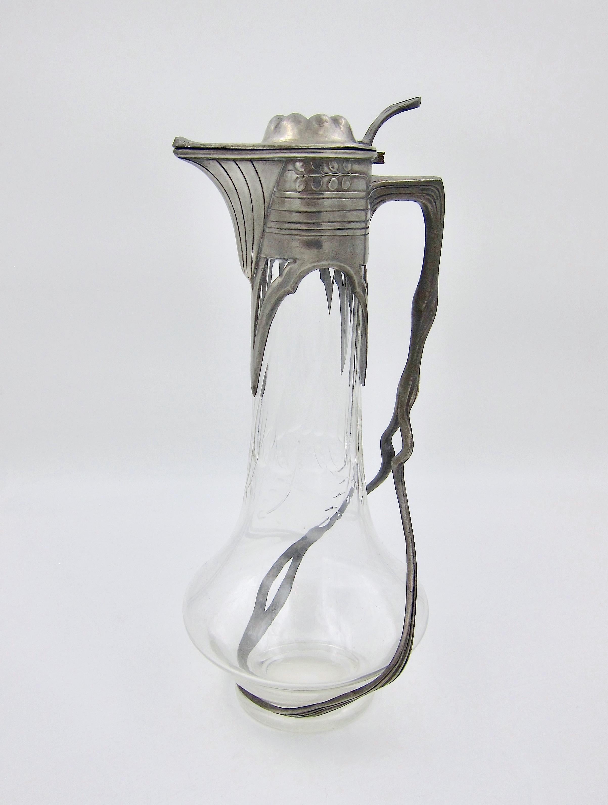 Orivit Art Nouveau Claret Jug in Pewter and Cut Glass 4
