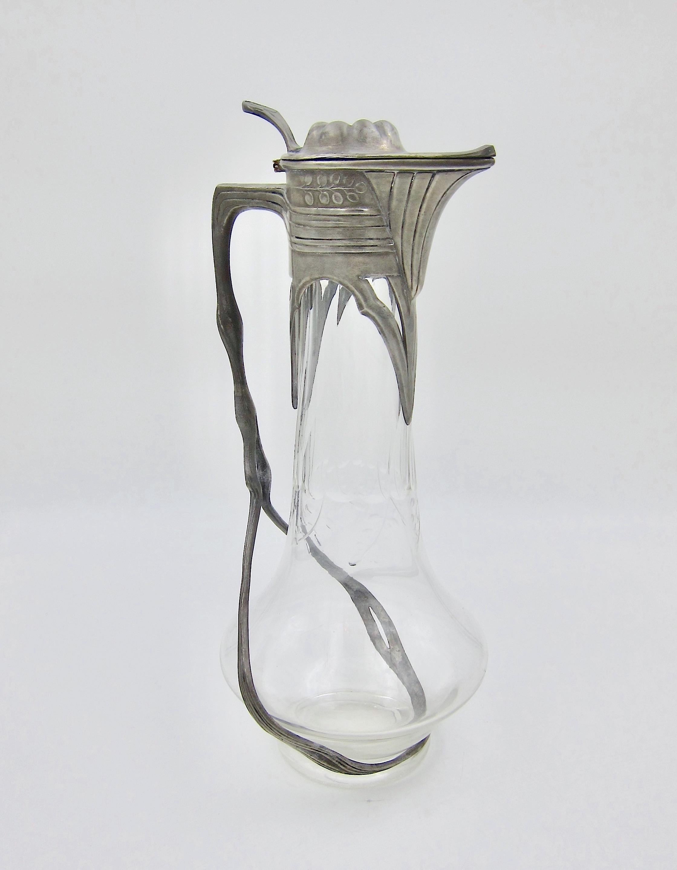 Jugendstil Orivit Art Nouveau Claret Jug in Pewter and Cut Glass