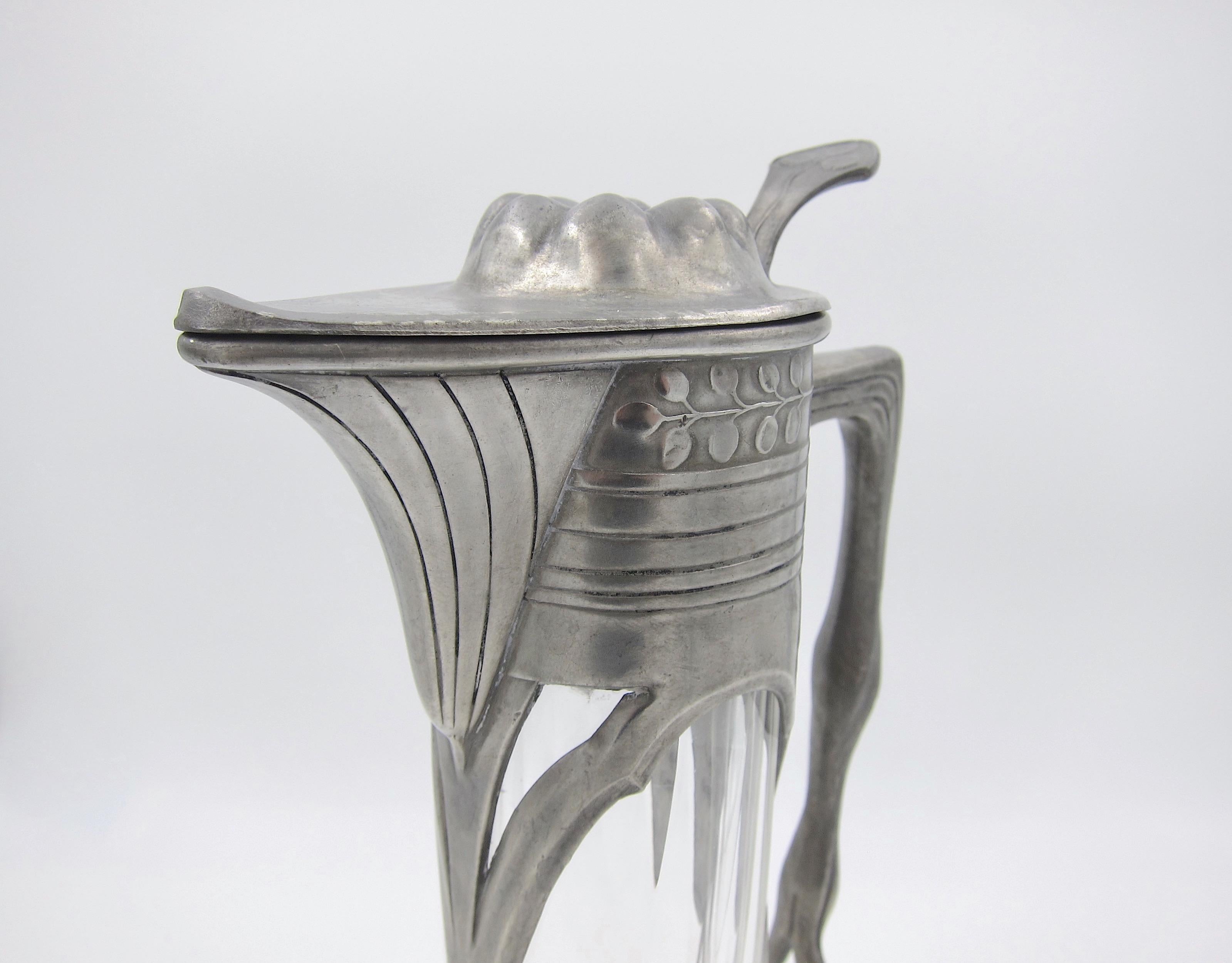Orivit Art Nouveau Claret Jug in Pewter and Cut Glass In Good Condition In Los Angeles, CA