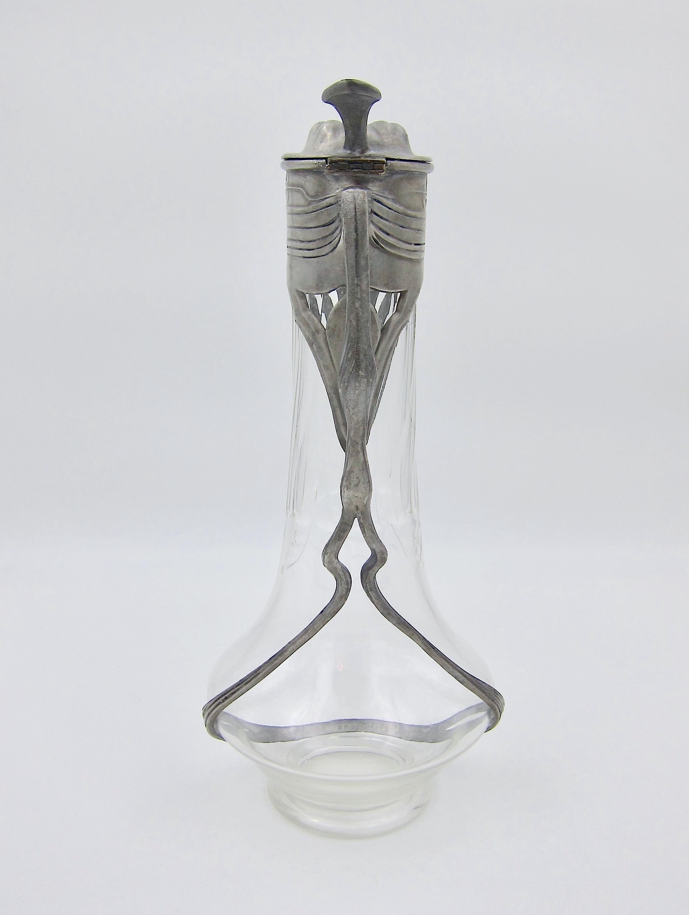 Orivit Art Nouveau Claret Jug in Pewter and Cut Glass 1