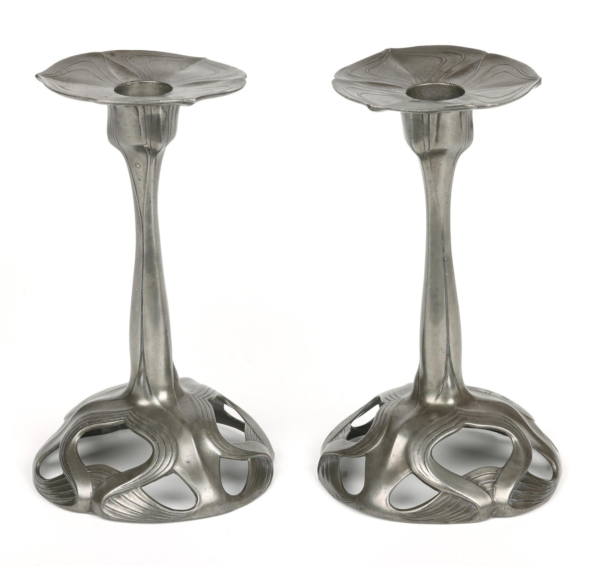 Orivit Exceptional Jugendstil Pair Pewter Floriform Candlesticks For Sale 4