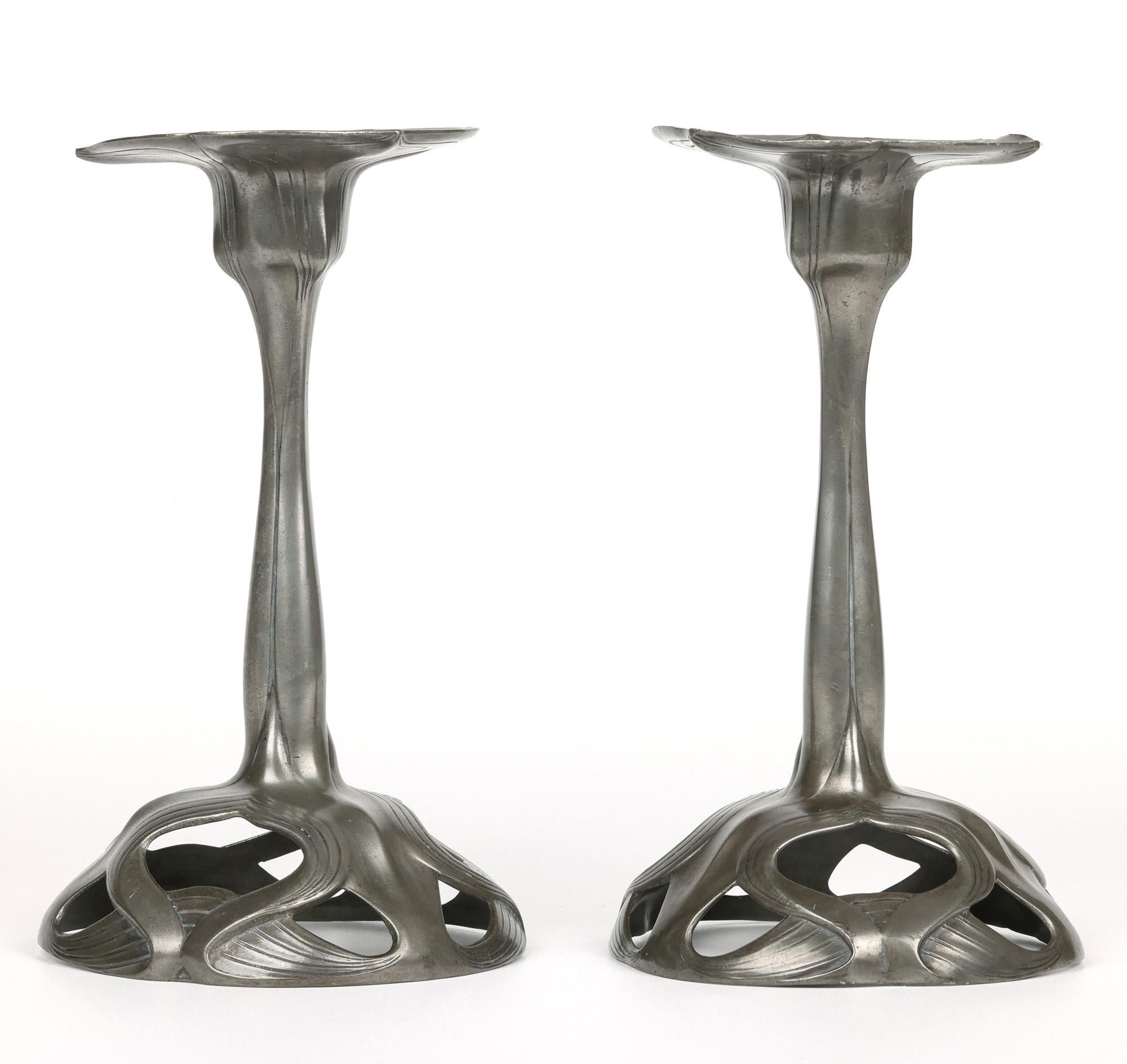 Orivit Exceptional Jugendstil Pair Pewter Floriform Candlesticks For Sale 9