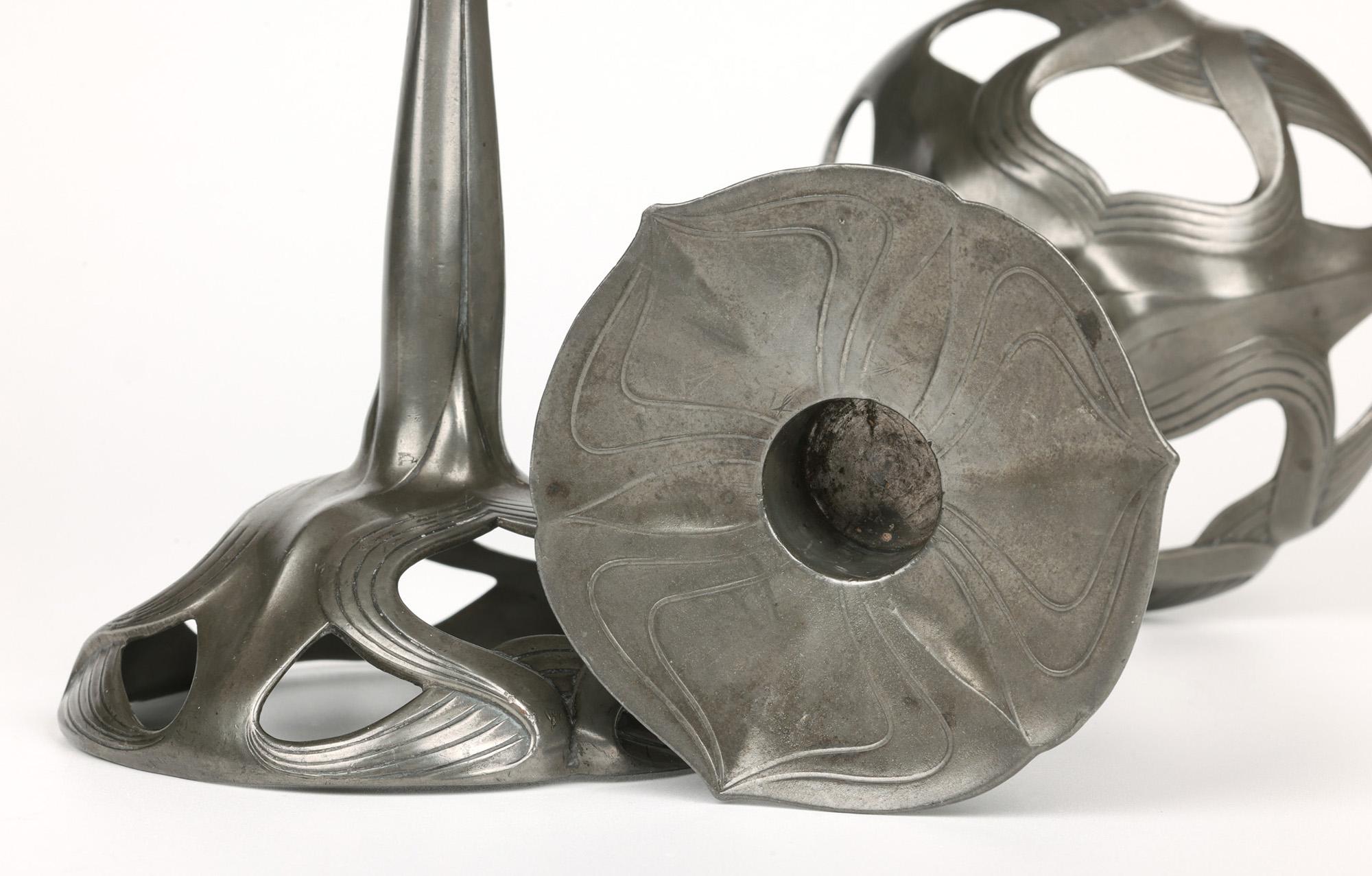 Orivit Exceptional Jugendstil Pair Pewter Floriform Candlesticks For Sale 10