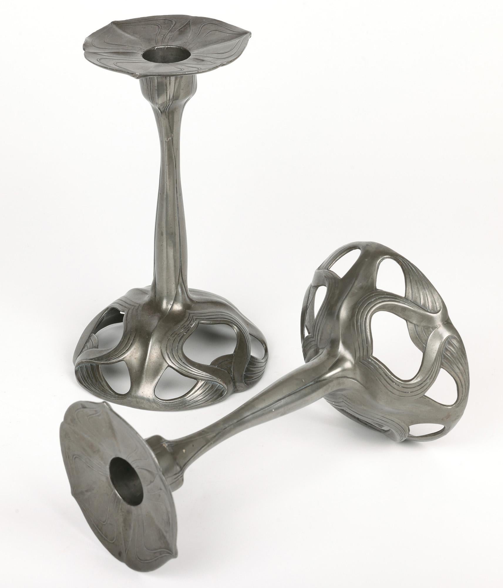 Orivit Exceptional Jugendstil Pair Pewter Floriform Candlesticks For Sale 11