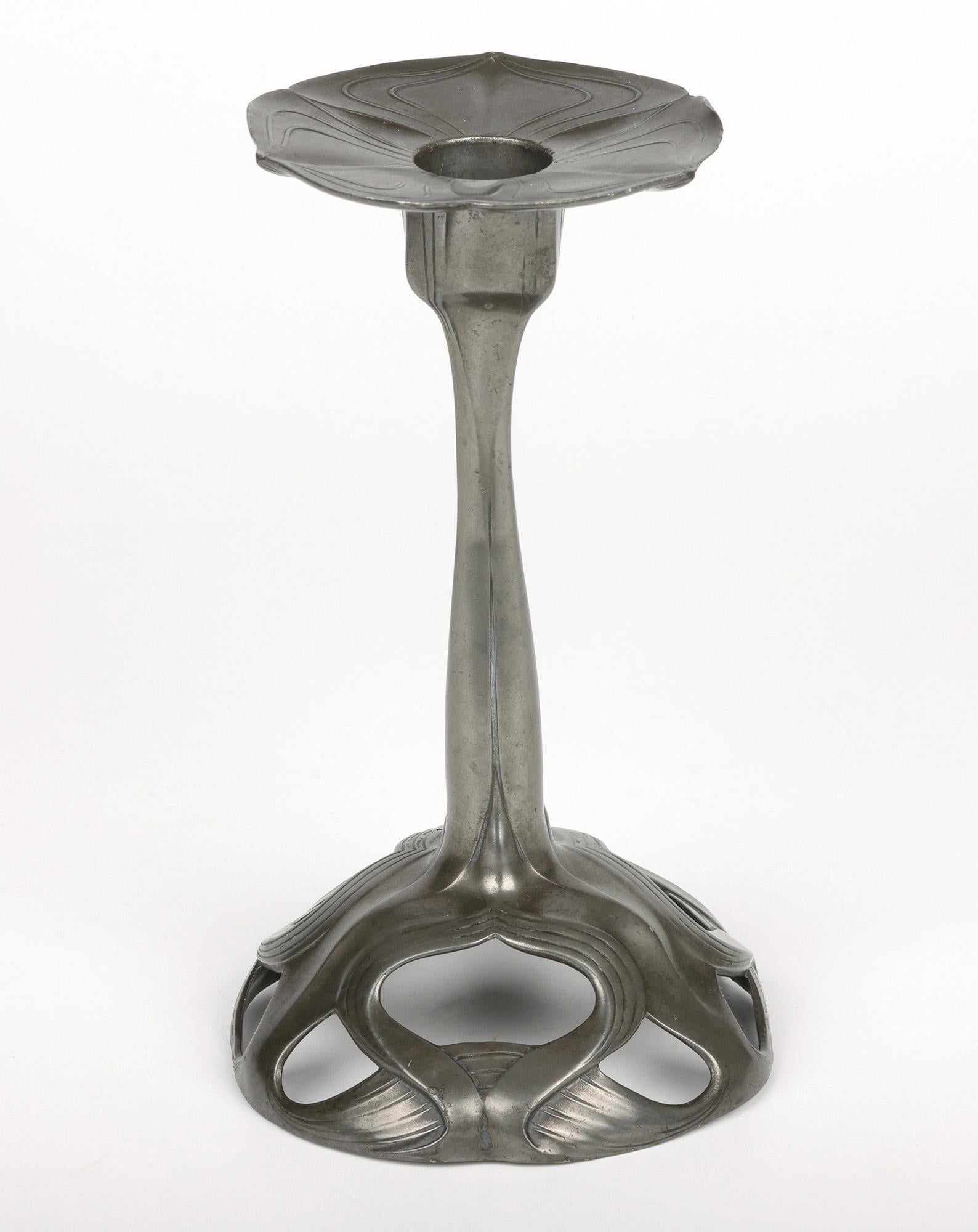 Orivit Exceptional Jugendstil Pair Pewter Floriform Candlesticks For Sale 12