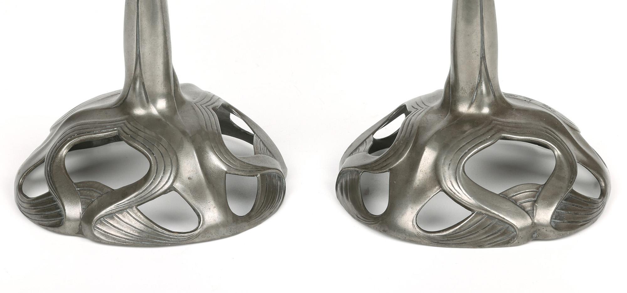 Orivit Exceptional Jugendstil Pair Pewter Floriform Candlesticks For Sale 13