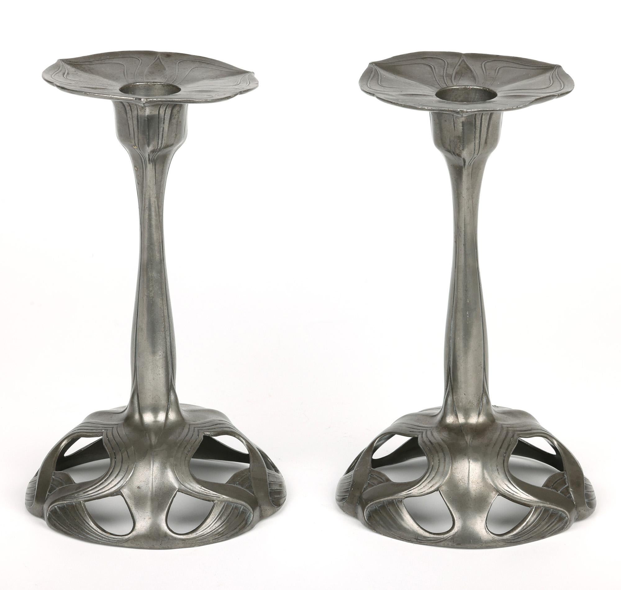 Orivit Exceptional Jugendstil Pair Pewter Floriform Candlesticks For Sale 14