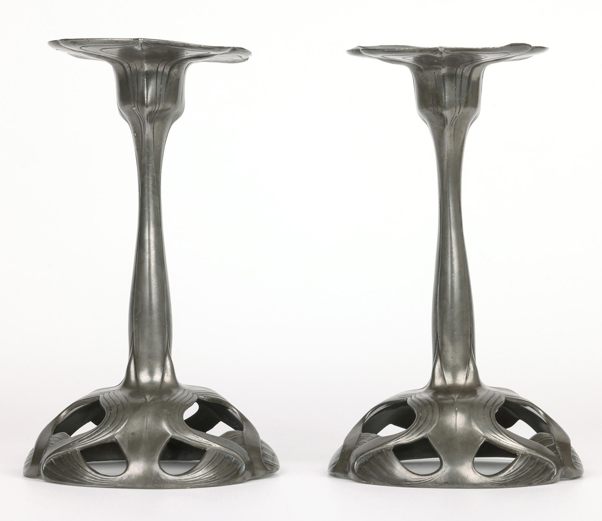 German Orivit Exceptional Jugendstil Pair Pewter Floriform Candlesticks For Sale