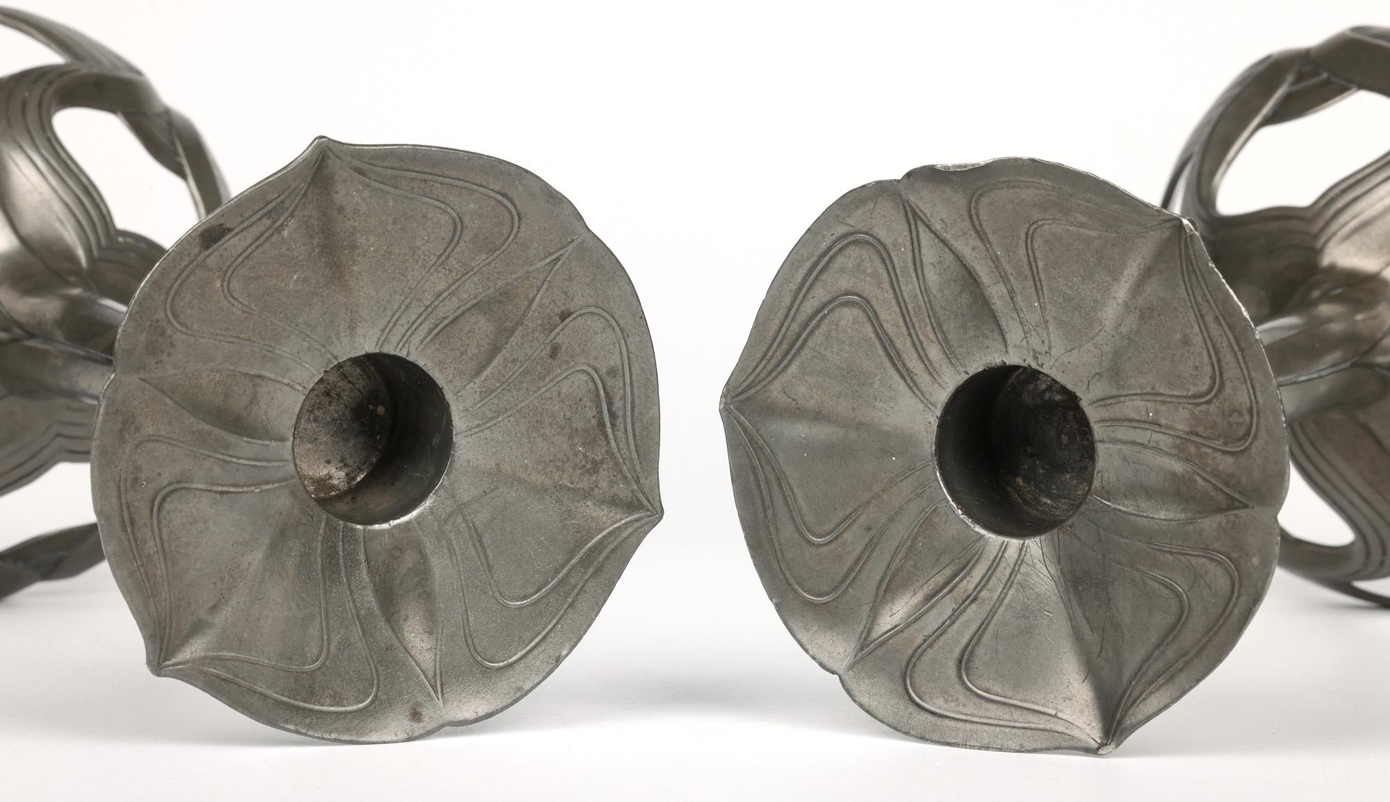Hand-Crafted Orivit Exceptional Jugendstil Pair Pewter Floriform Candlesticks For Sale