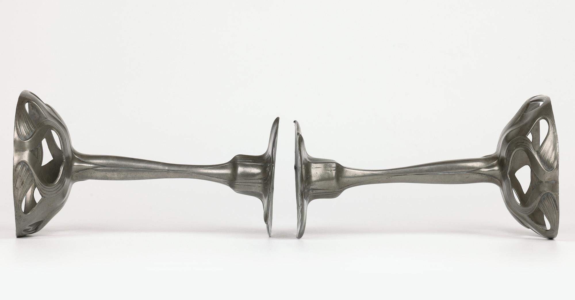 Orivit Exceptional Jugendstil Pair Pewter Floriform Candlesticks In Good Condition For Sale In Bishop's Stortford, Hertfordshire