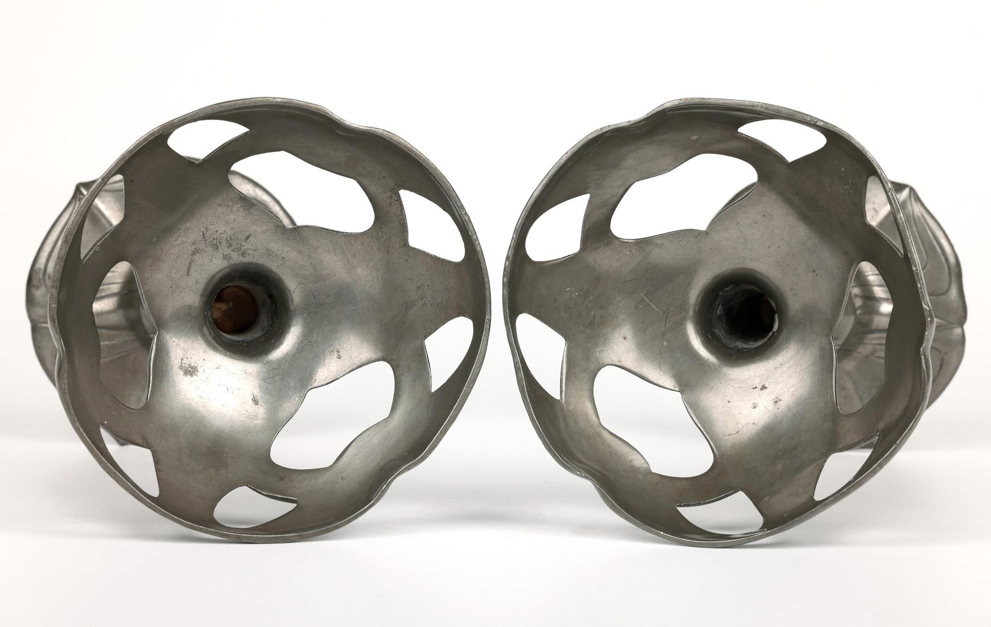 Early 20th Century Orivit Exceptional Jugendstil Pair Pewter Floriform Candlesticks For Sale