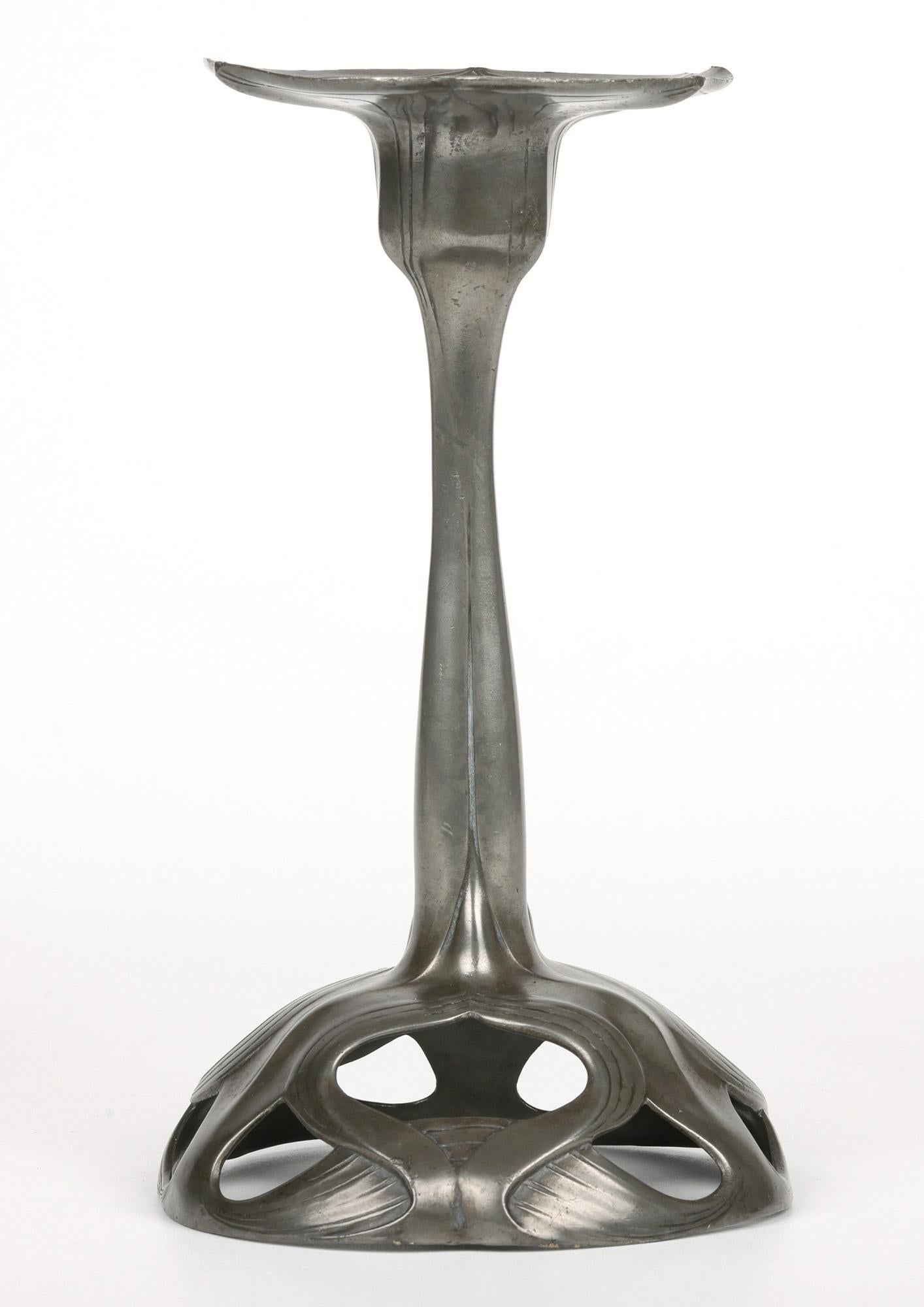 Orivit Exceptional Jugendstil Pair Pewter Floriform Candlesticks For Sale 2