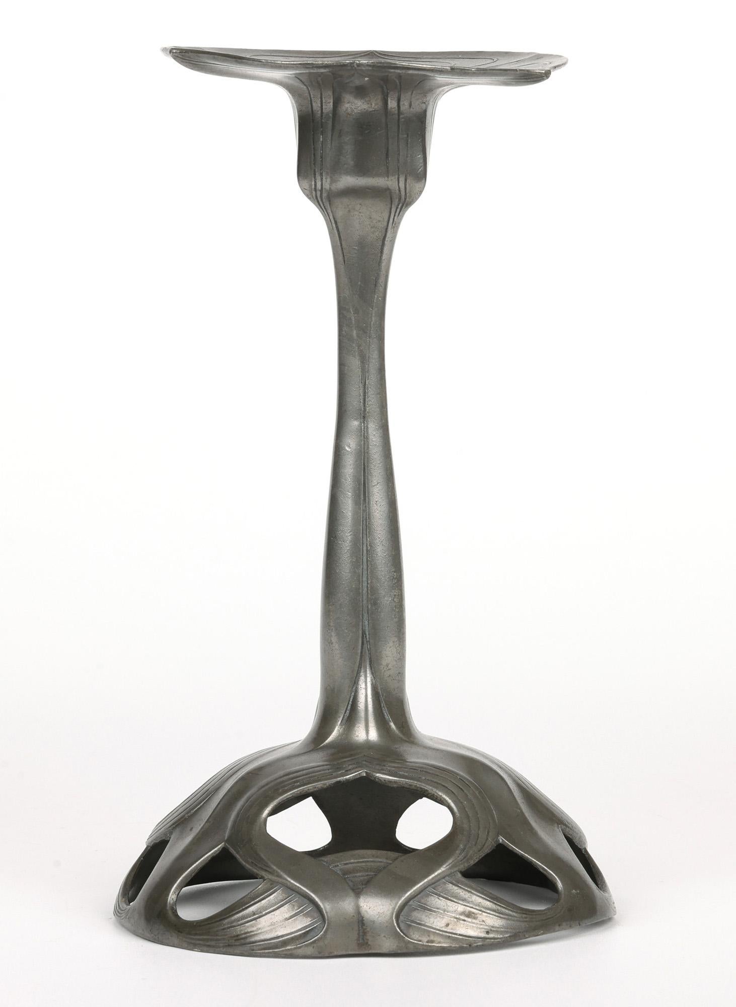 Orivit Exceptional Jugendstil Pair Pewter Floriform Candlesticks For Sale 3