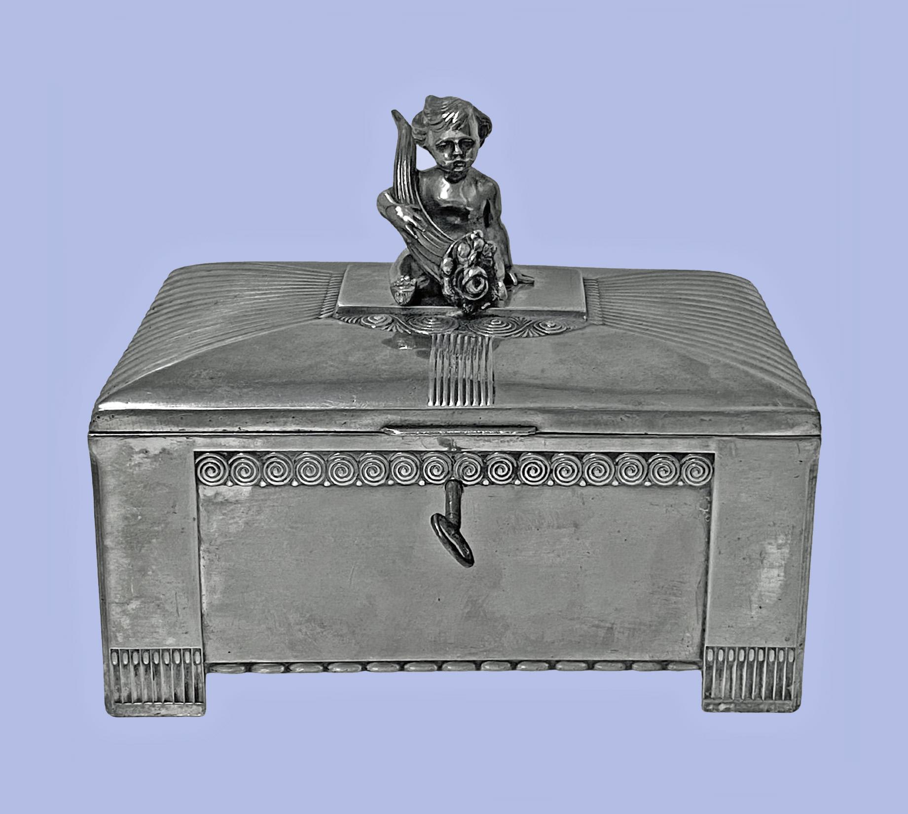 Orivit Jugendstil Secessionist Silver plate large Jewellery Box, Germany, C.1900. This unusual box of rectangular shape on four bracket supports, conforming in style to cornices and decoration of sides and slight dome shape hinged cover with handle