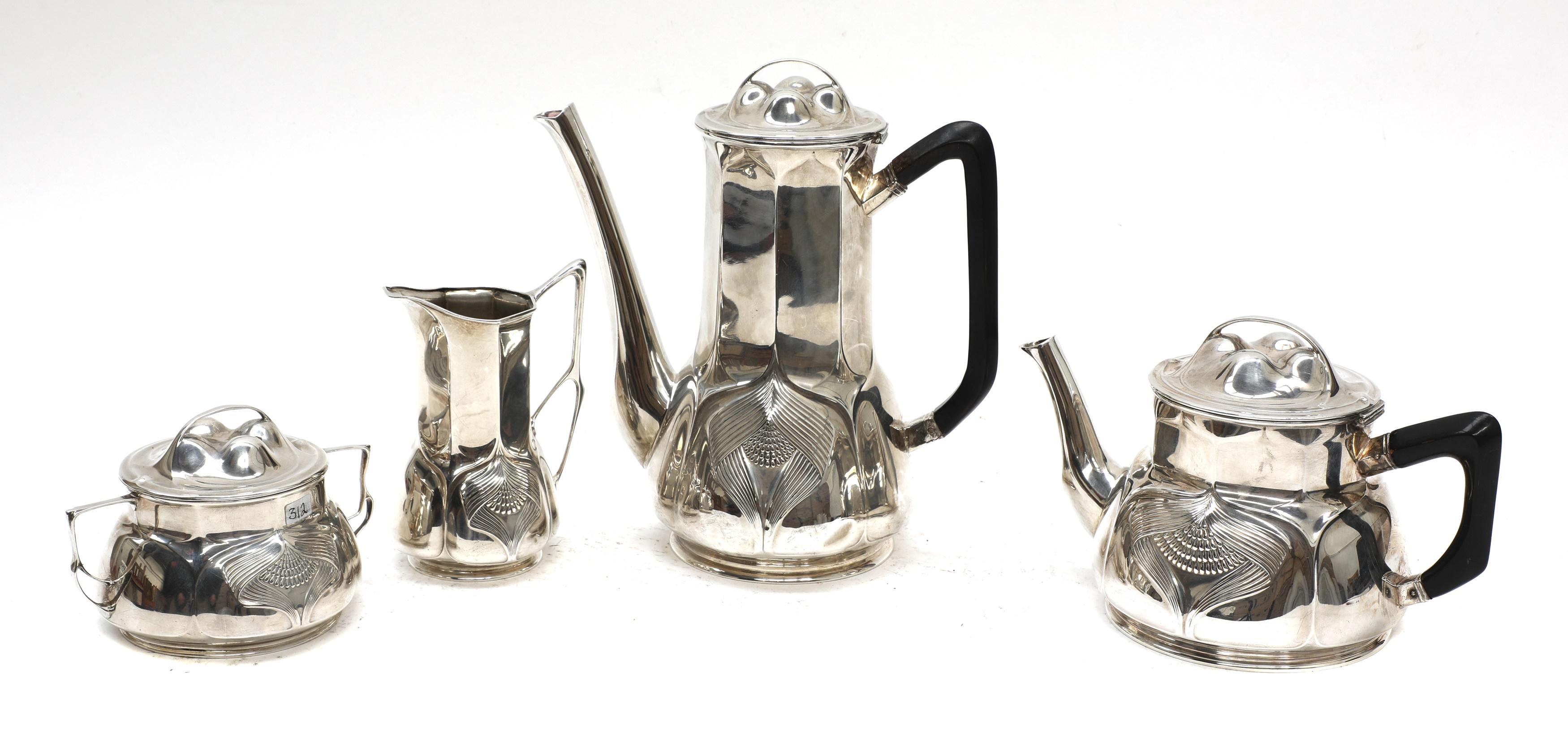 A stunning quality Orivit sterling silver Art Nouveau coffee and tea service.
Orivit produced sterling items for a very limited period just after the turn of the 20th century; a complete coffee service such as this is extremely rare. Art Nouveau