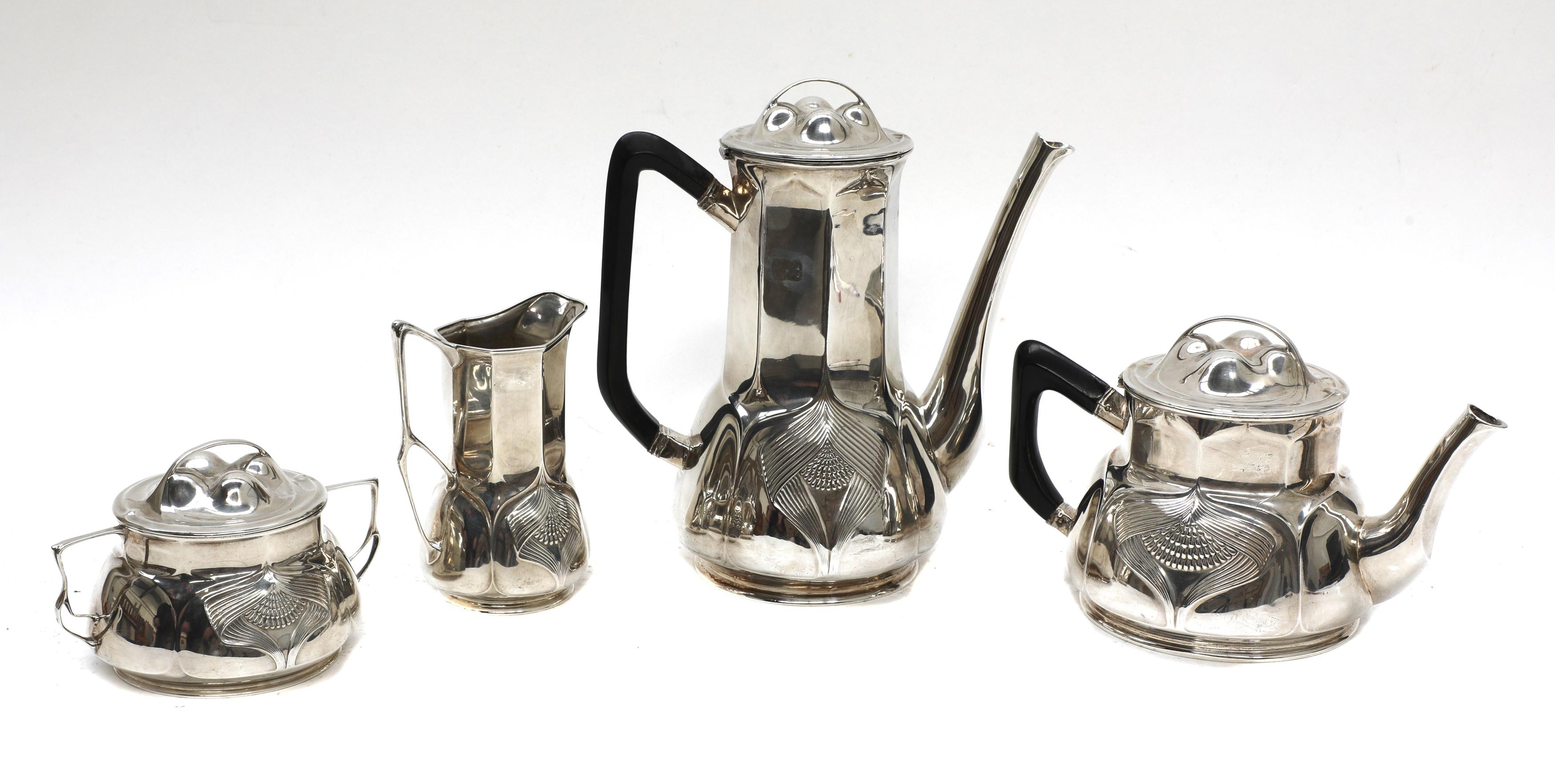 German Orivit Jugendstil Sterling Silver Four-Piece Tea and Coffee Service For Sale