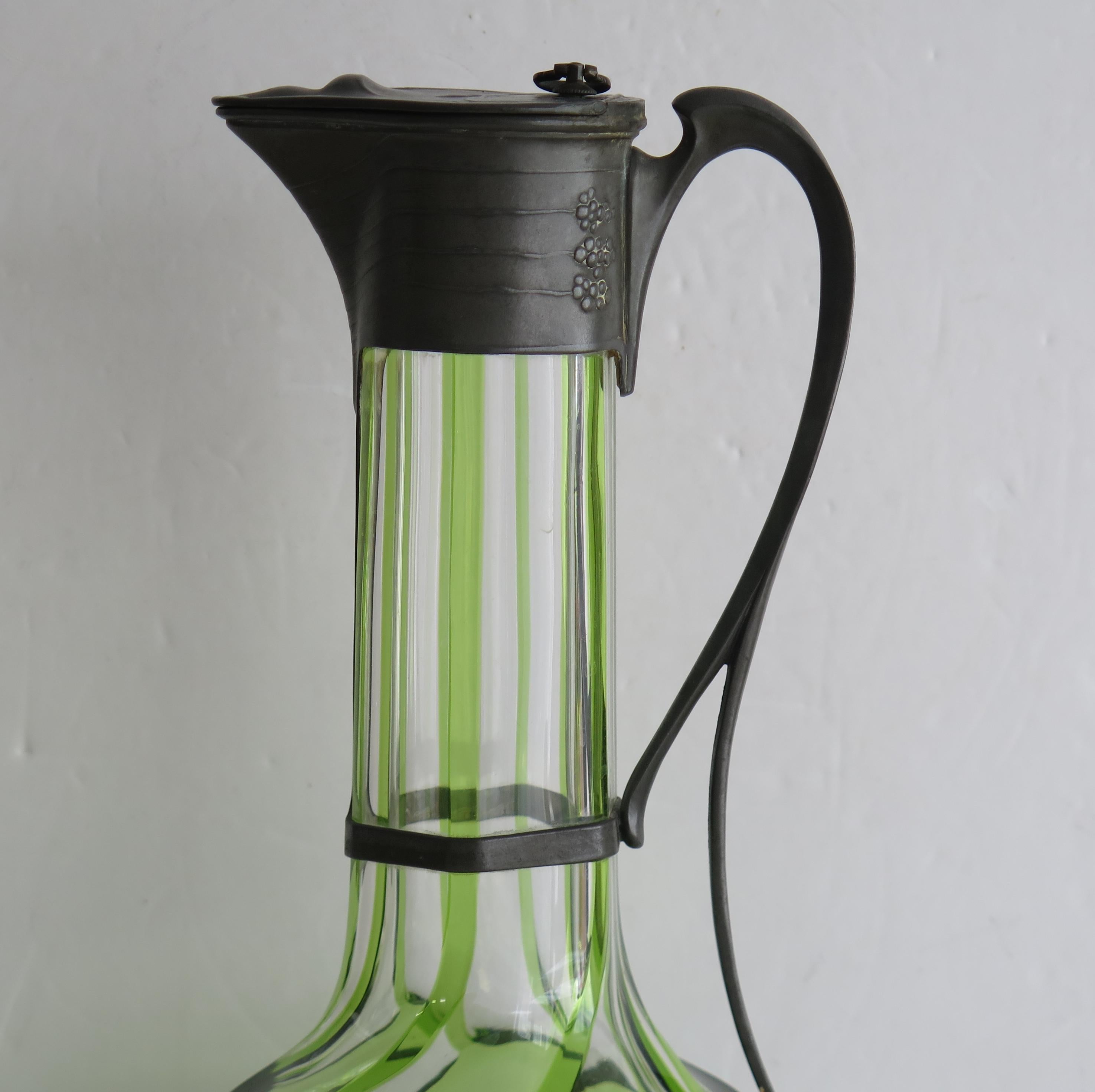 19th Century Orivit Pewter Encased Claret Jug Green Glass, Art Nouveau, Germany, 1900 For Sale