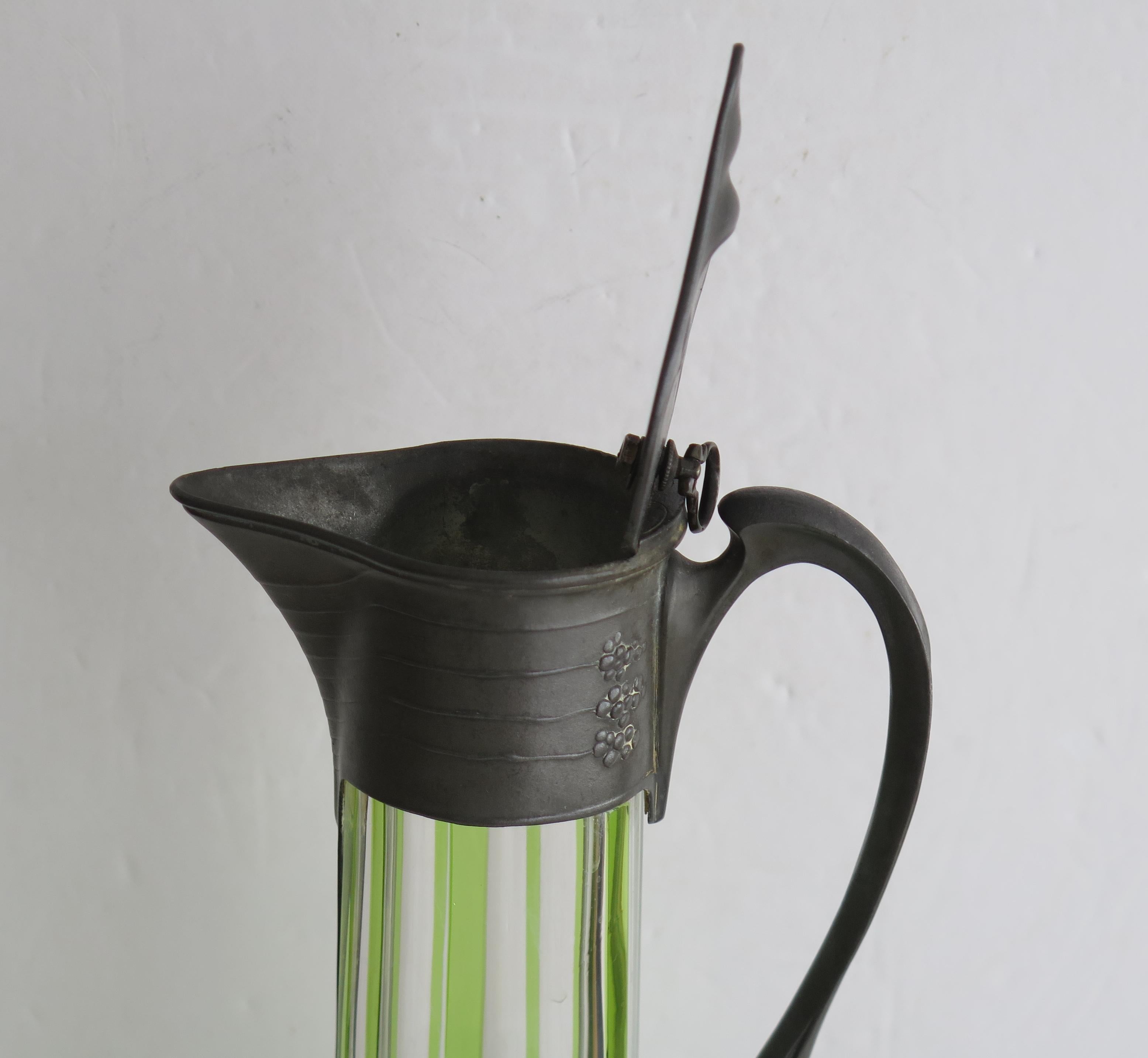 Orivit Pewter Encased Claret Jug Green Glass, Art Nouveau, Germany, 1900 3
