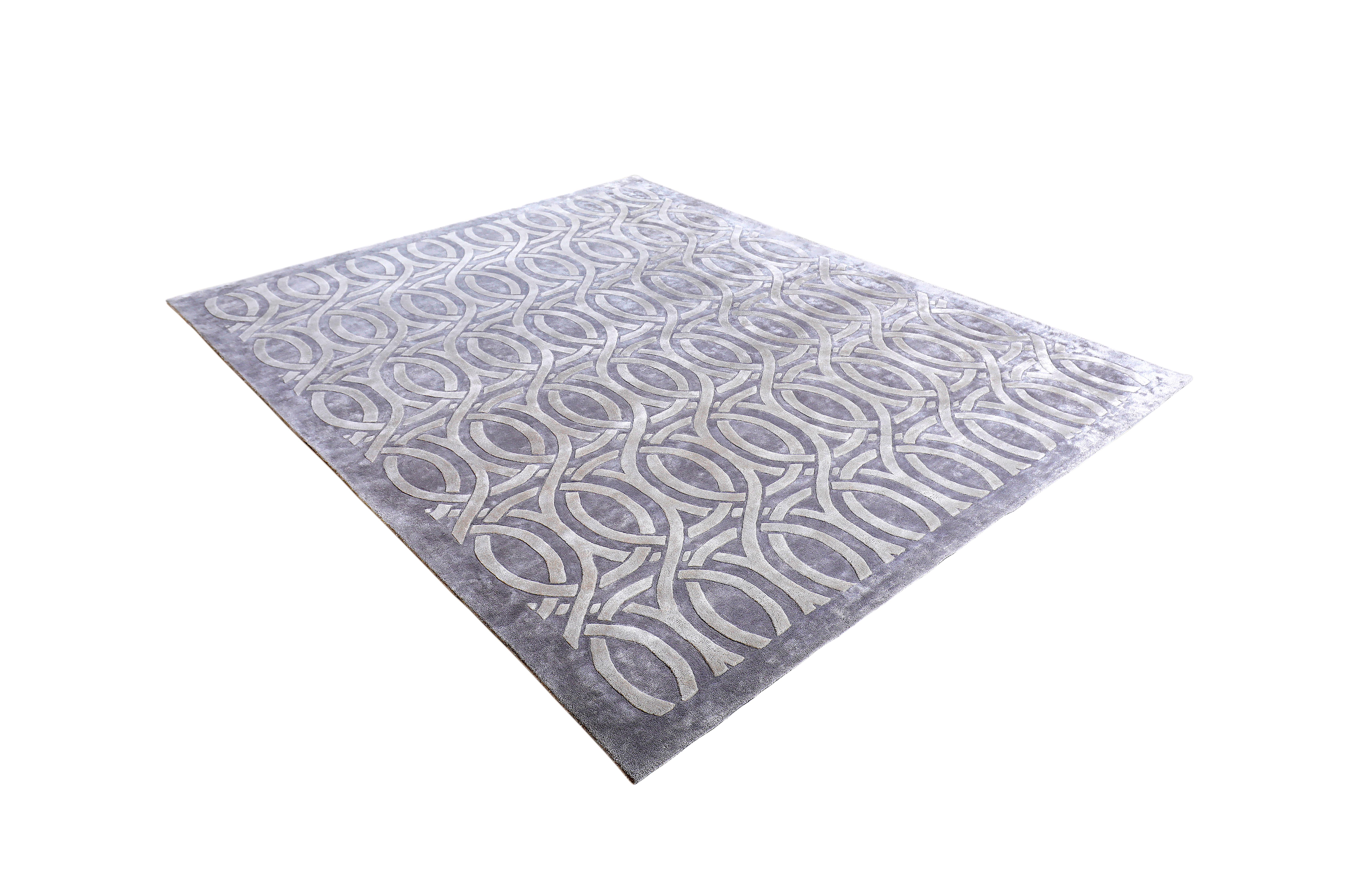 Indian ORIX Hand Tufted Modern Geometric Silk Rug in Grey Colour By Hands For Sale