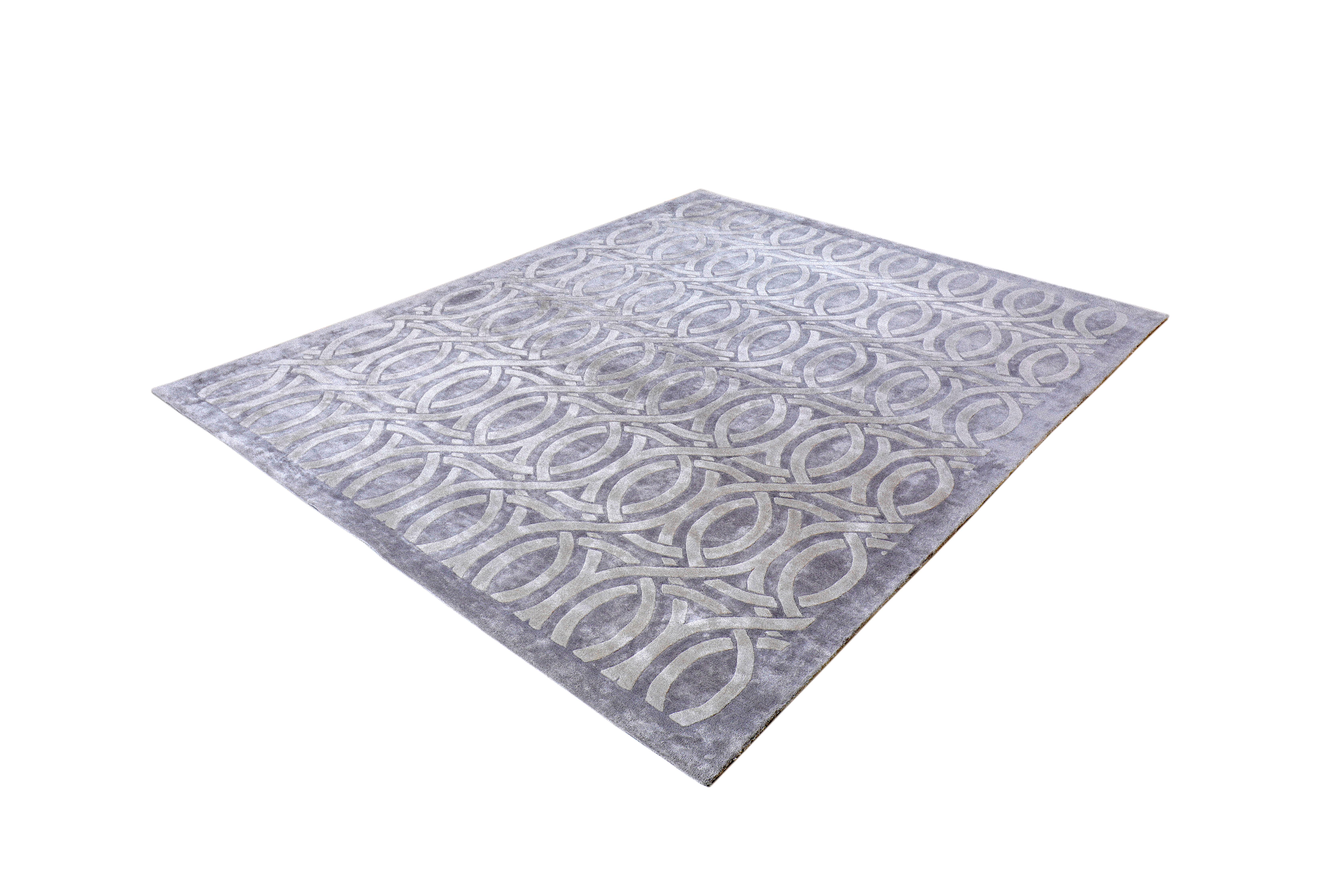 Indiano Tappeto ORIX in seta geometrico moderno e trapuntato a mano di colore grigio in vendita
