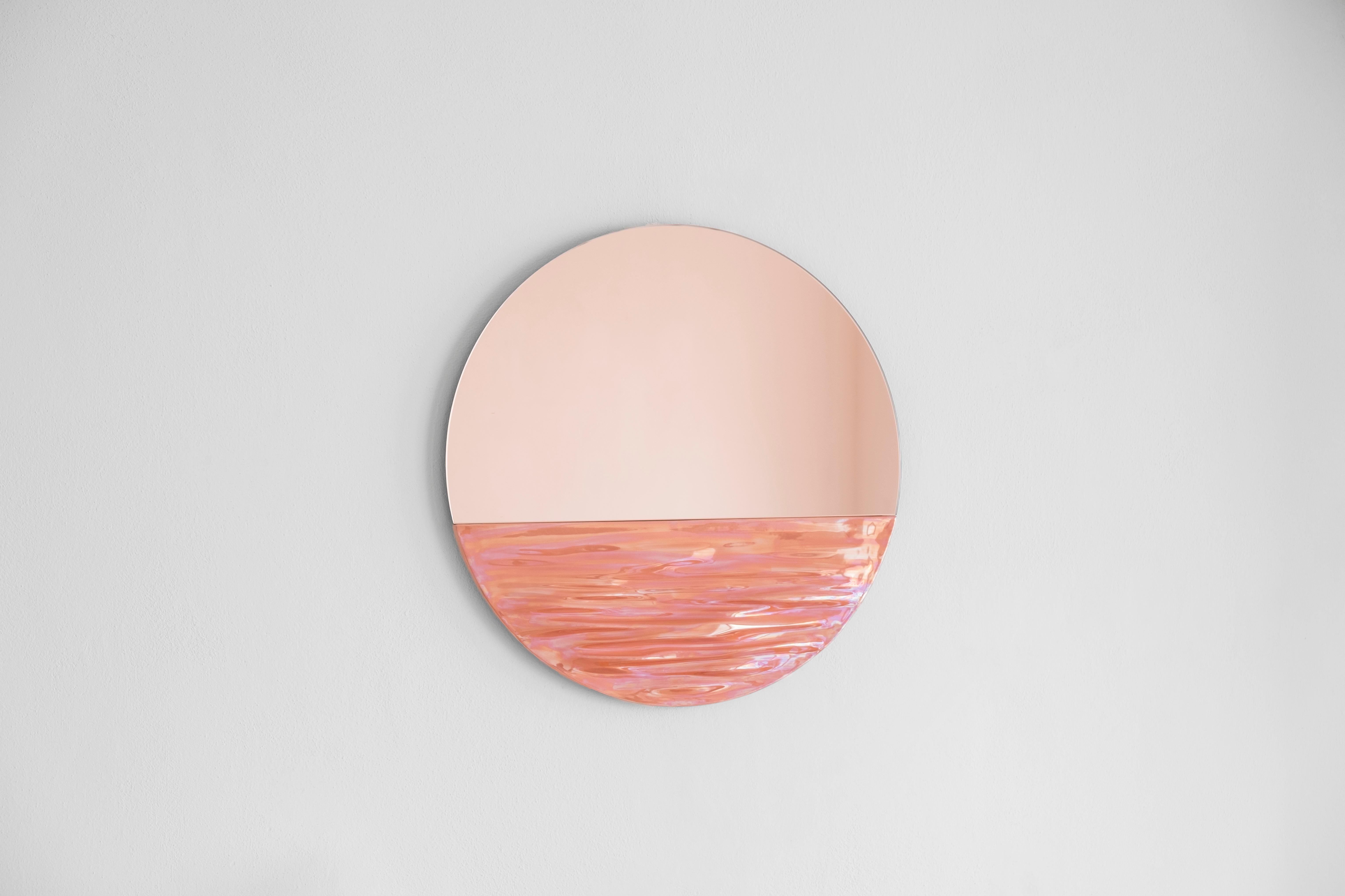 Modern Orizon Rounded Hand Glazed Ceramic Mirror in Coral Pink For Sale