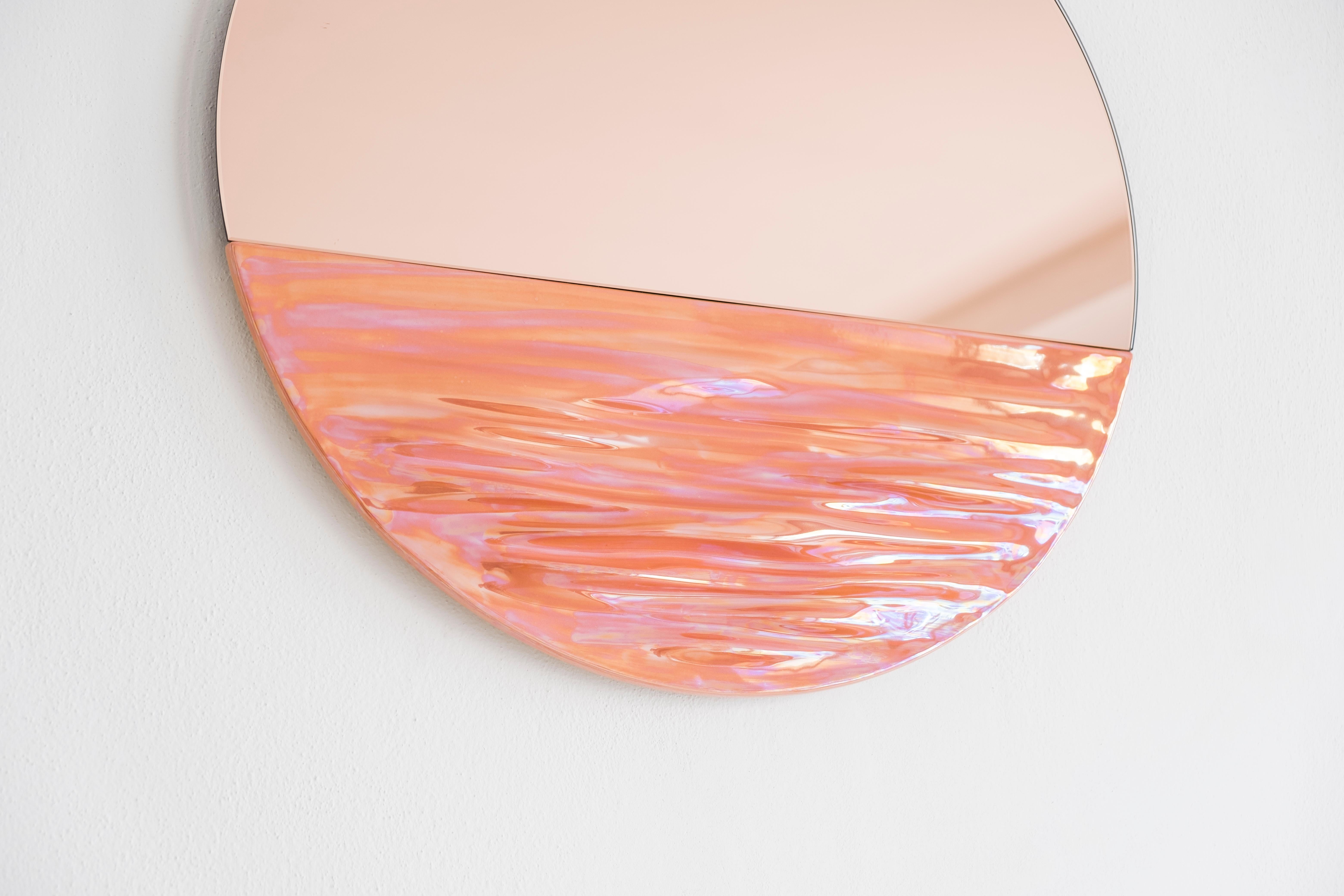 Italian Orizon Rounded Hand Glazed Ceramic Mirror in Coral Pink For Sale