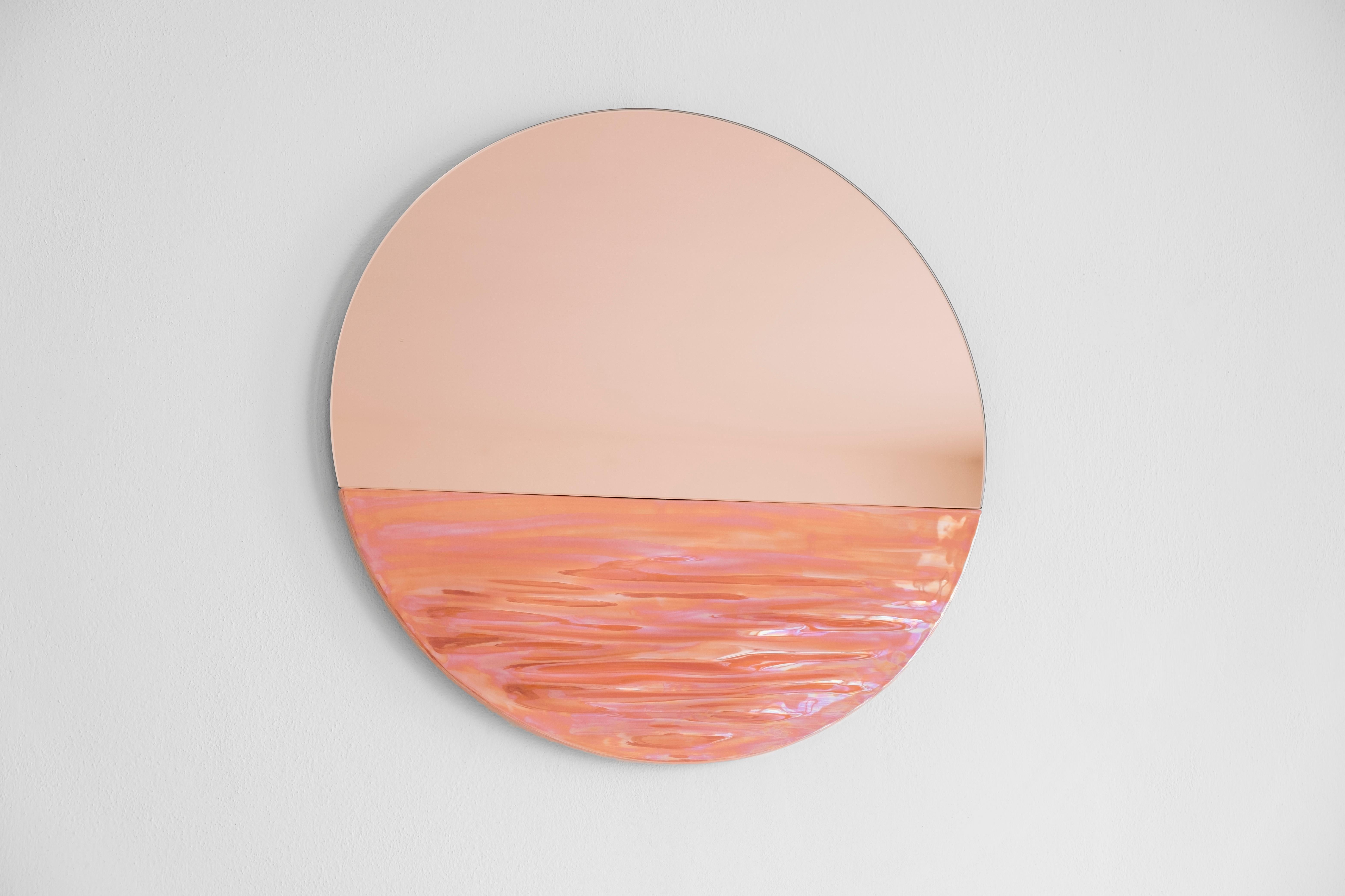 Contemporary Orizon Rounded Hand Glazed Ceramic Mirror in Coral Pink For Sale
