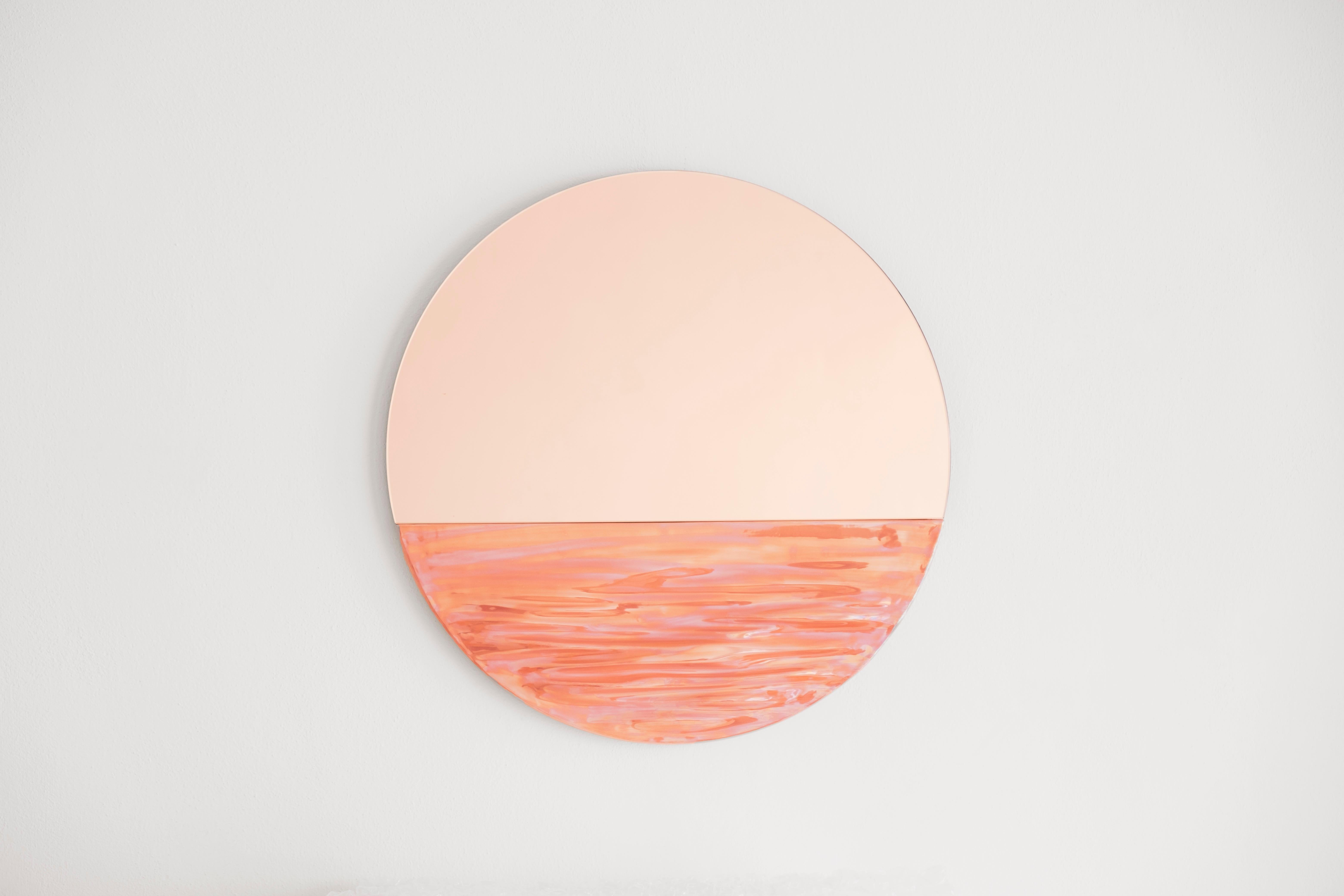 Orizon Rounded Hand Glazed Ceramic Mirror in Coral Pink For Sale 2