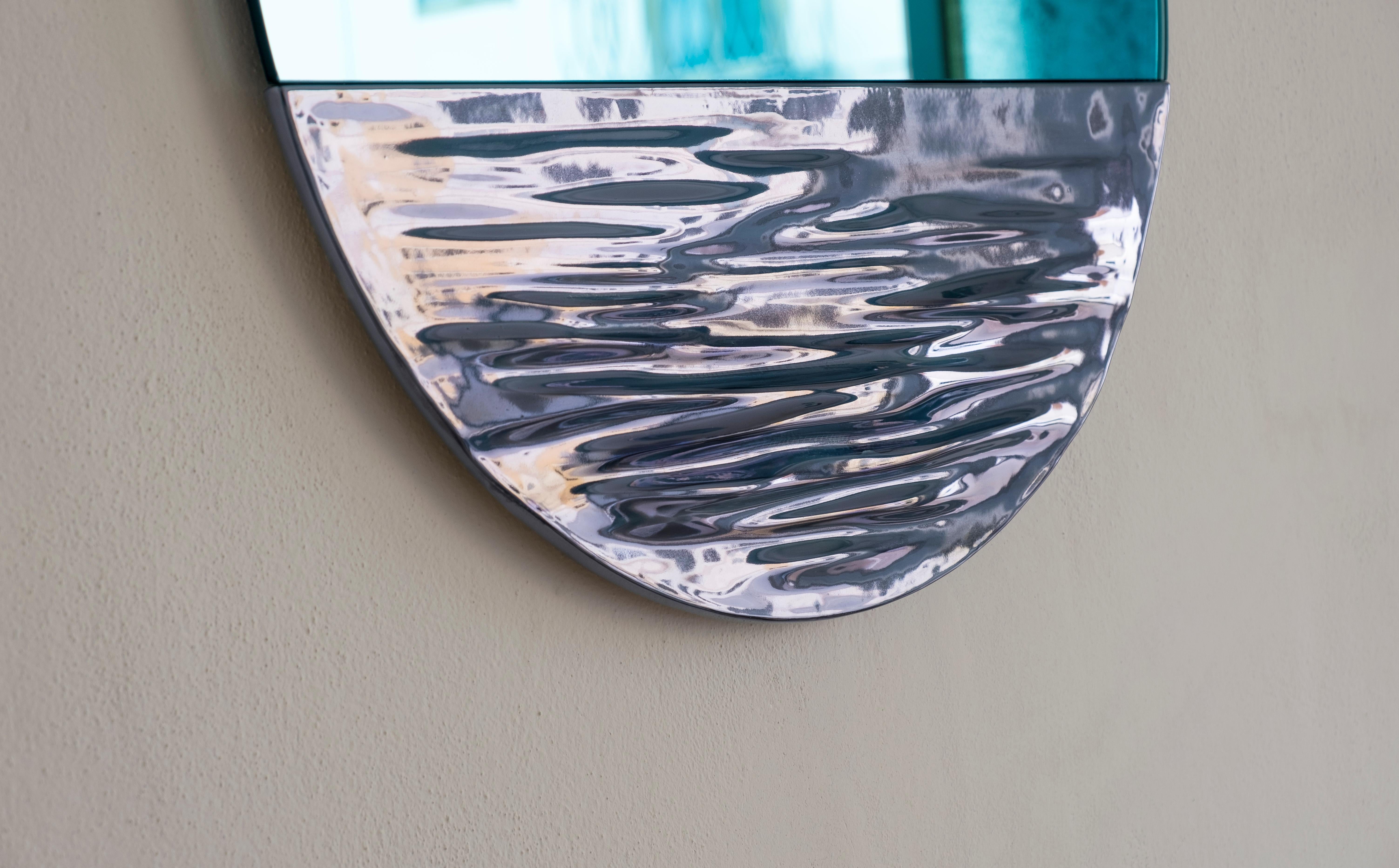 Italian Orizon Rounded Hand Glazed Ceramic Mirror in Moonlight Blue For Sale