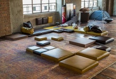 Orizzonti, Modular Seating System at Floor Level with Leather and Wood Elements