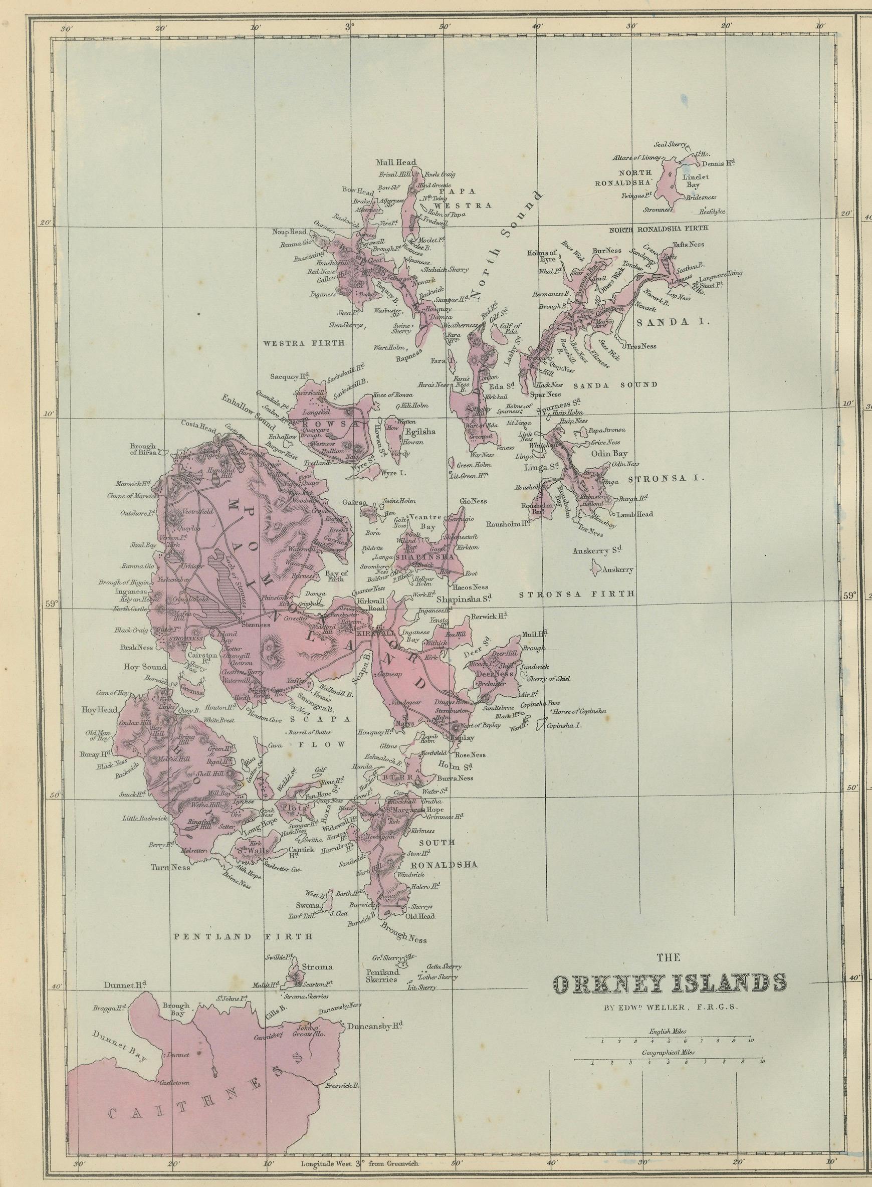Orkney and Shetland Islands Map, Ordnance Survey, Bacon London 1885