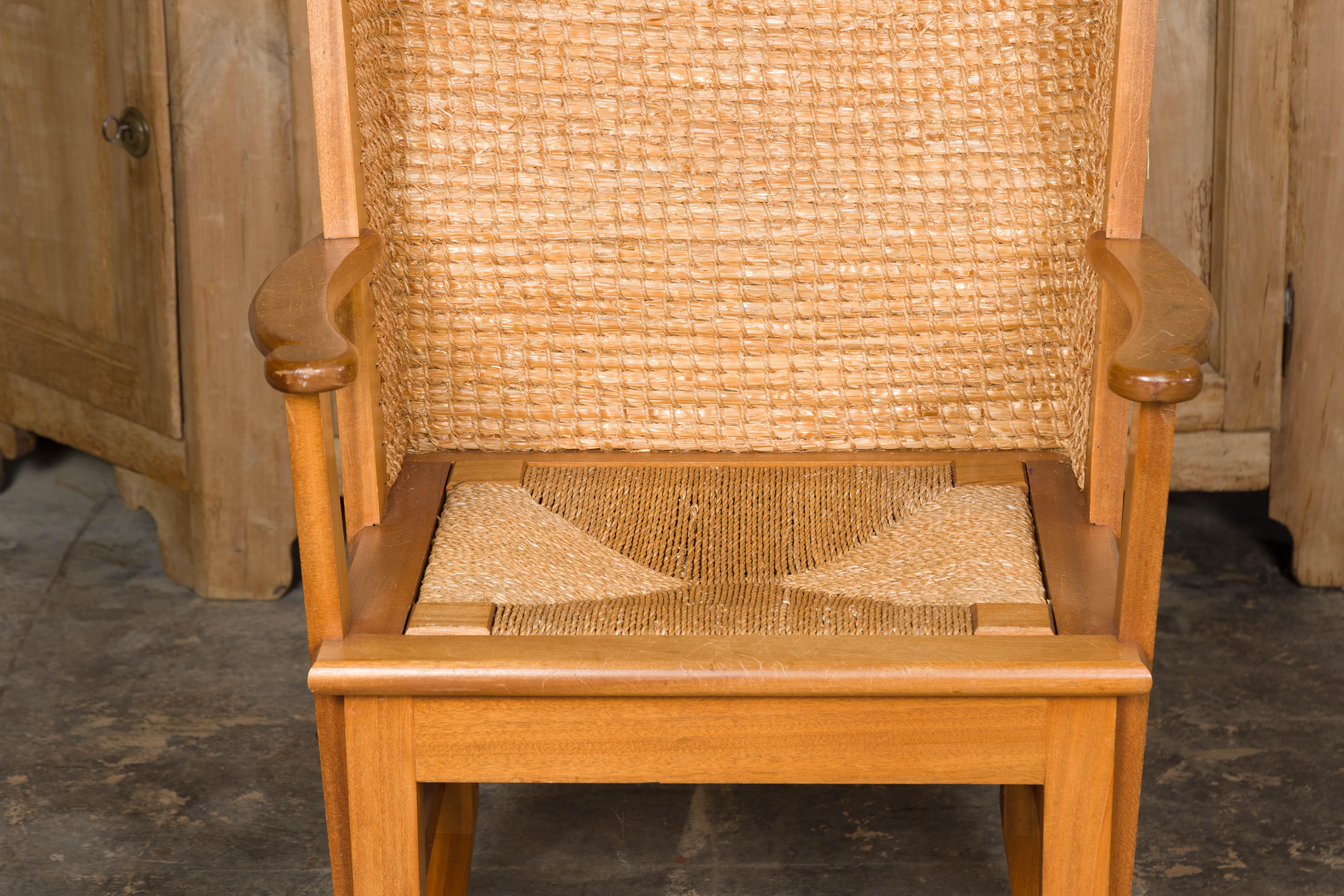 Carved Orkney Island Midcentury Scottish Canopy Chair with Hand Woven Straw Back For Sale