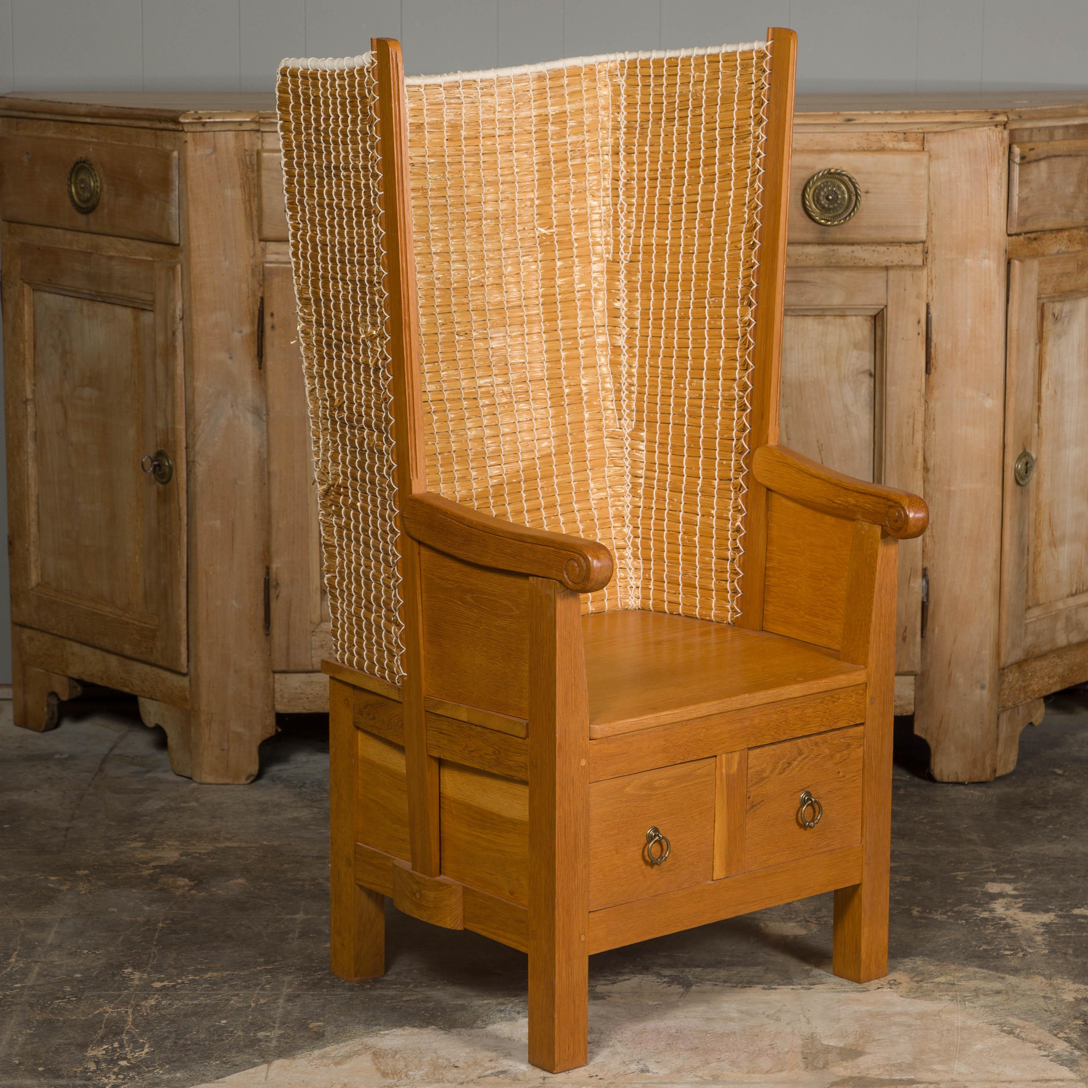Orkney Island Scottish Oak Wingback Chair with Two Drawers, Vintage For Sale 6
