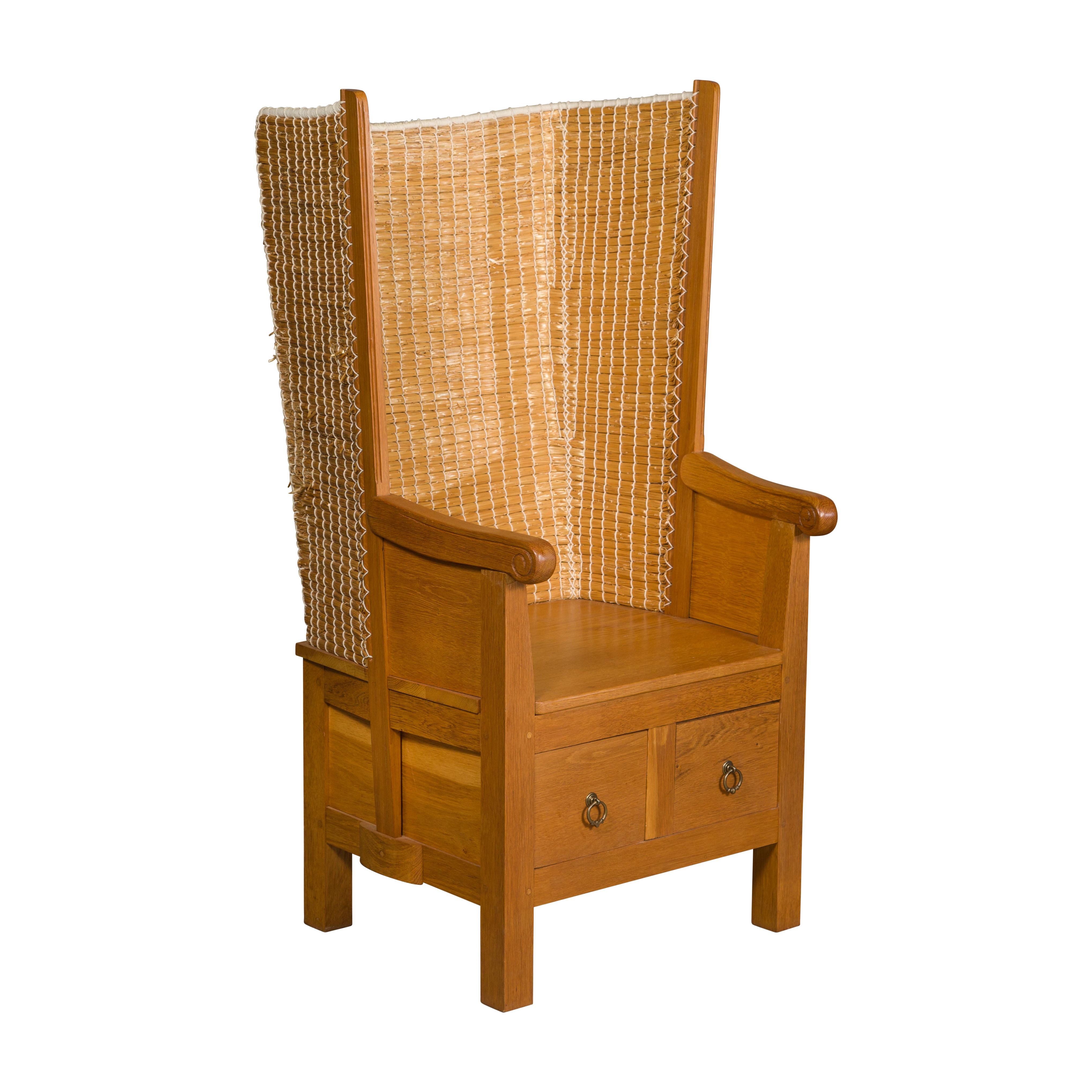 Orkney Island Scottish Oak Wingback Chair with Two Drawers, Vintage For Sale 10
