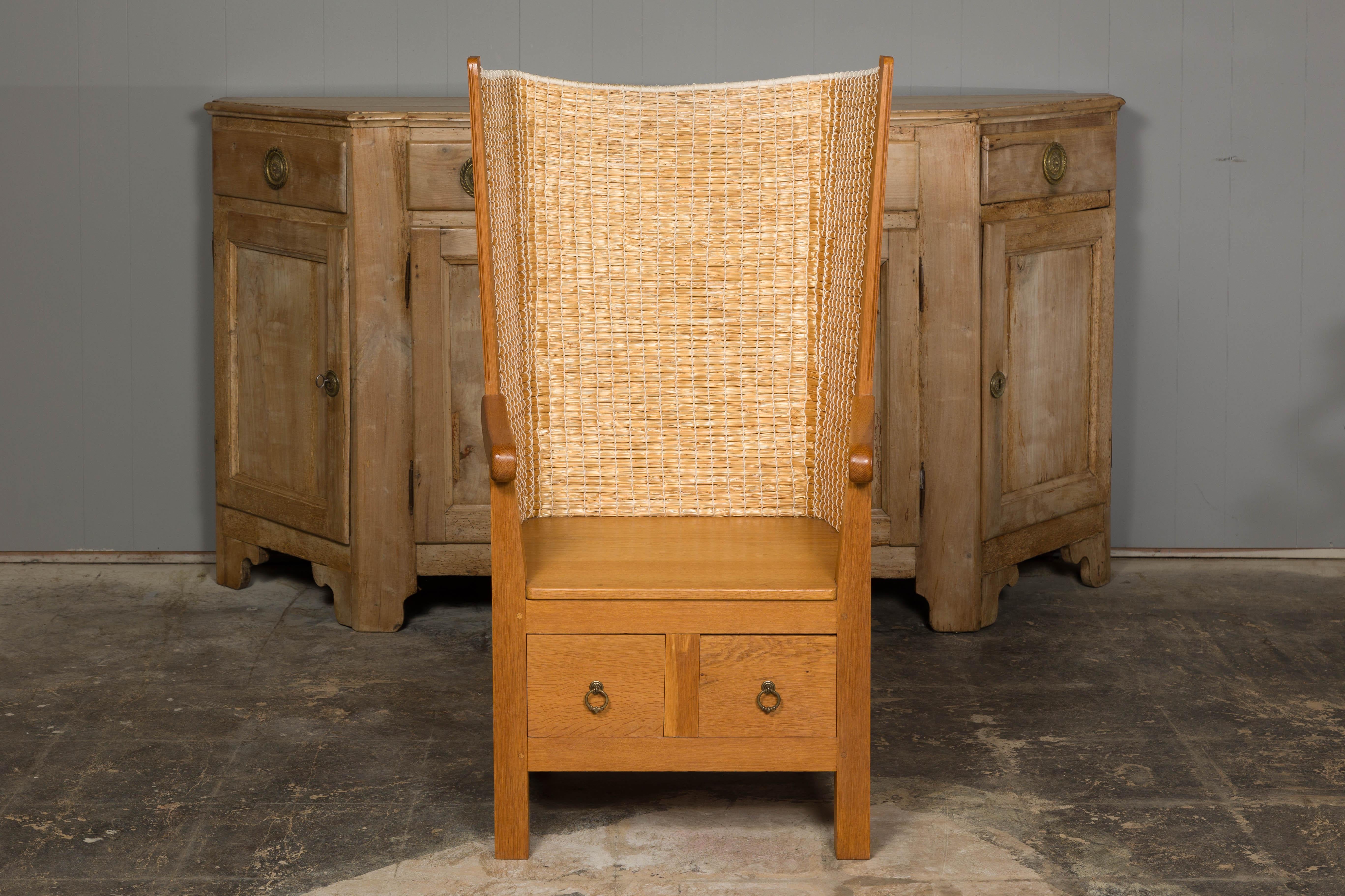 Mid-Century Modern Orkney Island Scottish Oak Wingback Chair with Two Drawers, Vintage For Sale