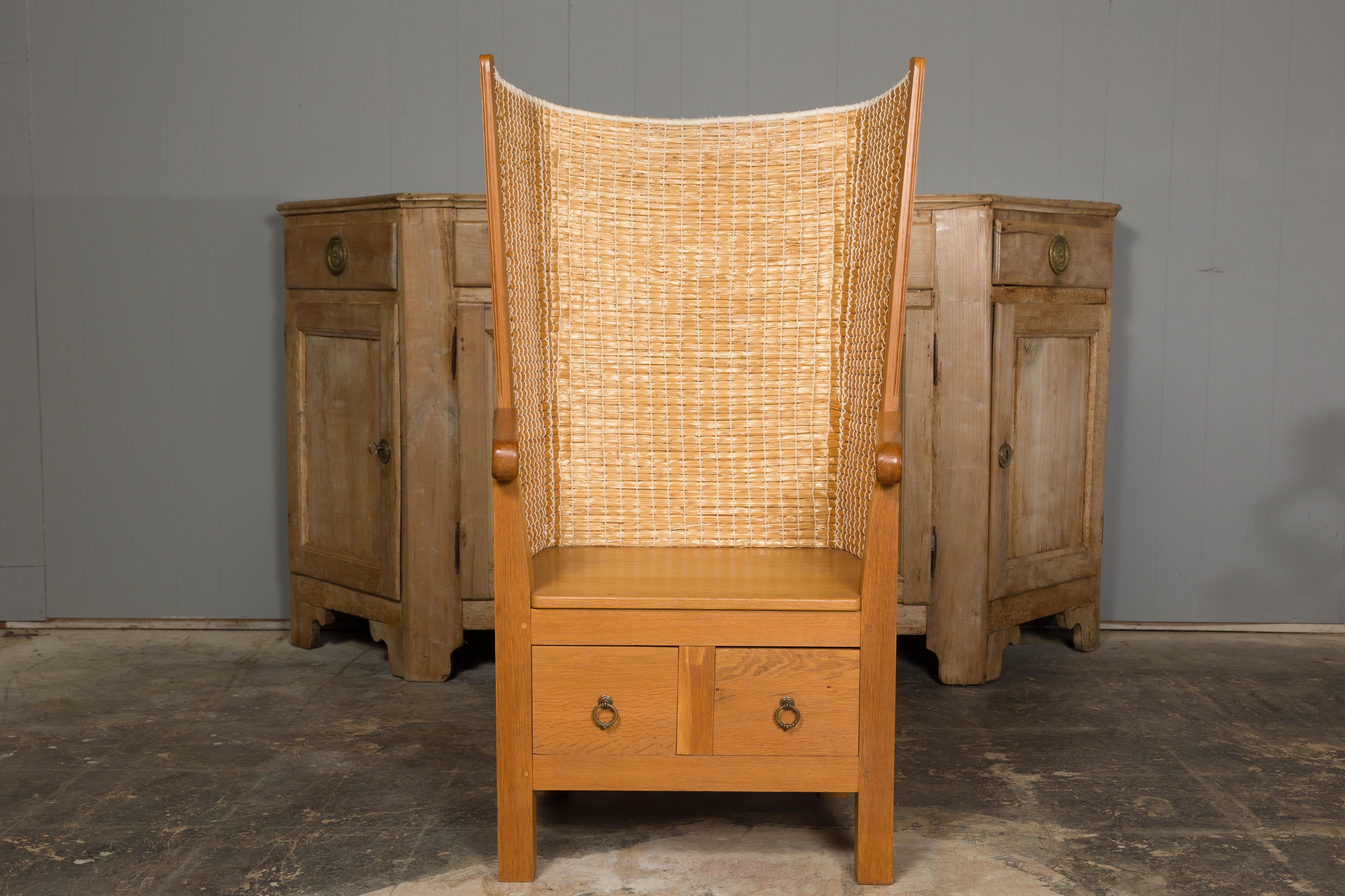 Orkney Island Scottish Oak Wingback Chair with Two Drawers, Vintage For Sale 1