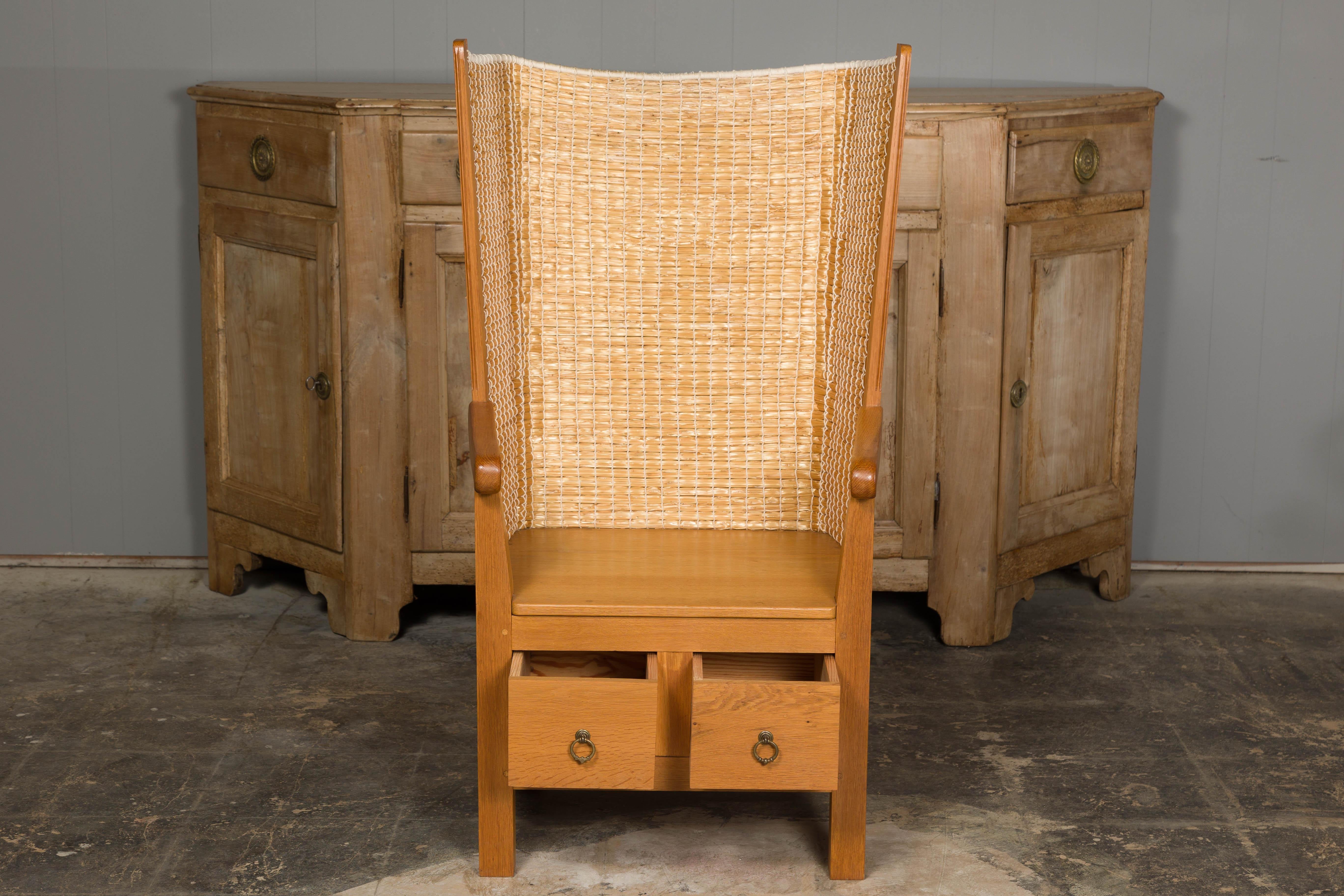 Orkney Island Scottish Oak Wingback Chair with Two Drawers, Vintage For Sale 2