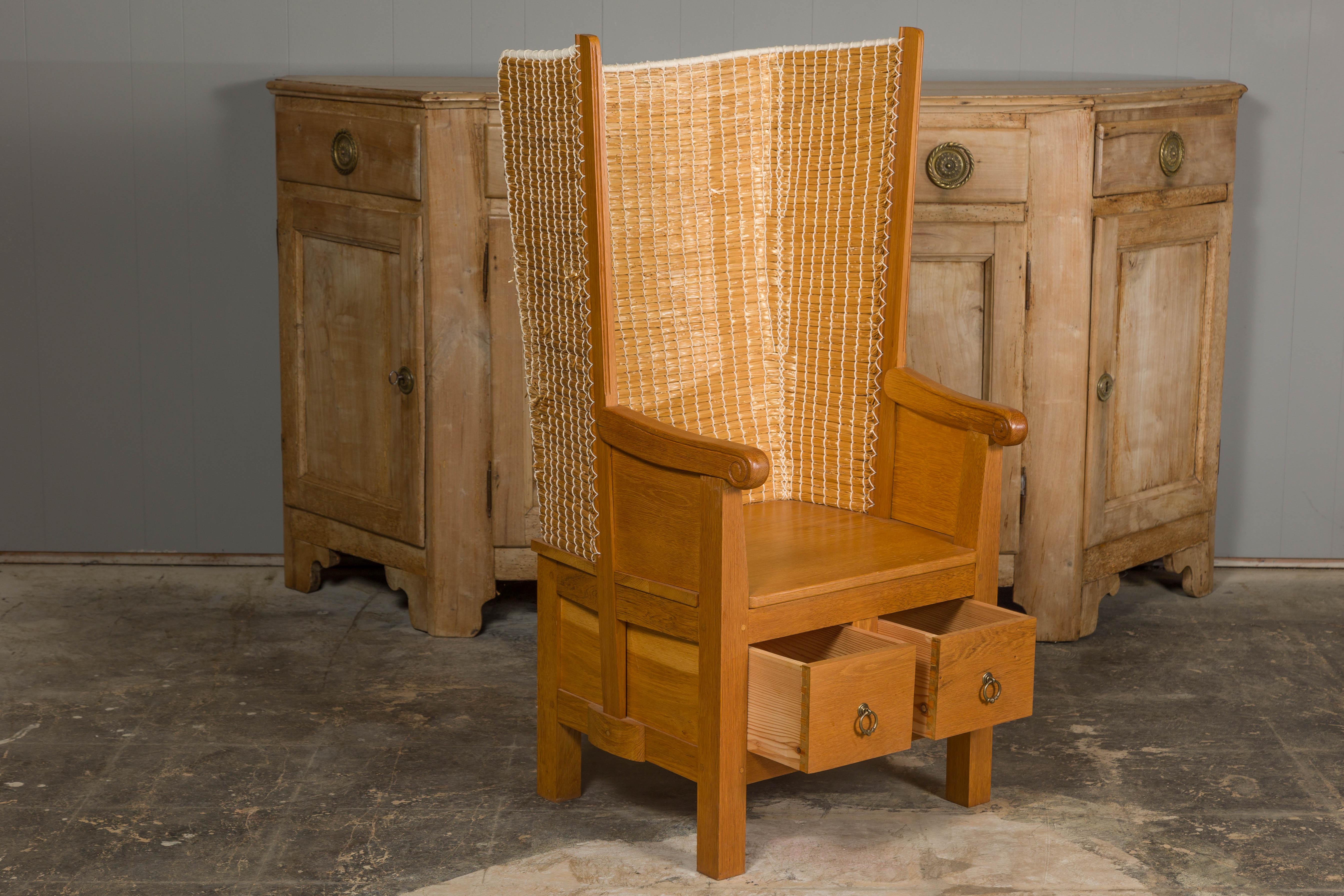 Orkney Island Scottish Oak Wingback Chair with Two Drawers, Vintage For Sale 3