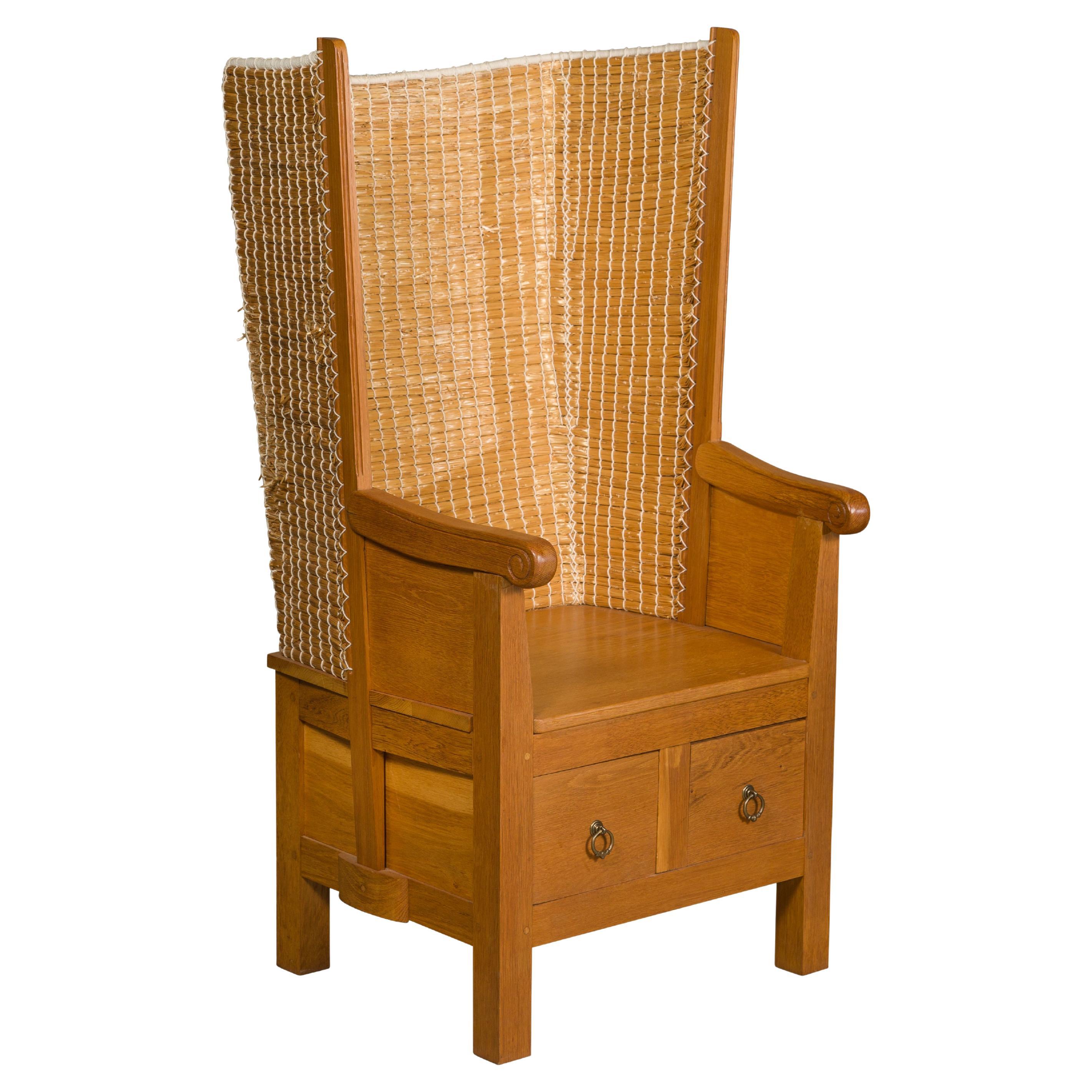 Orkney Island Scottish Oak Wingback Chair with Two Drawers, Vintage For Sale