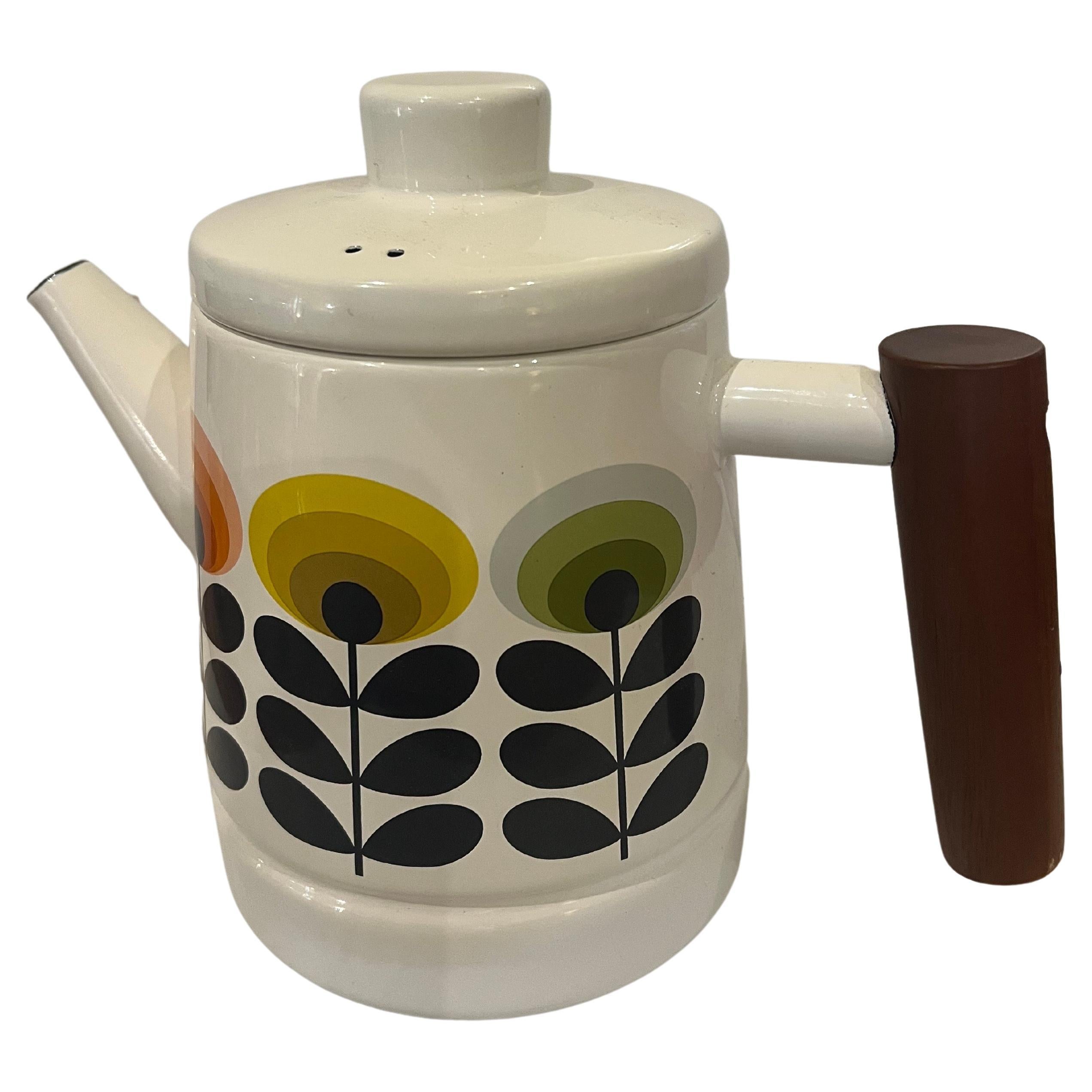 Orla Kiely enamel teapot has great design excellent condition solid teak handle, cobalt blue interior.