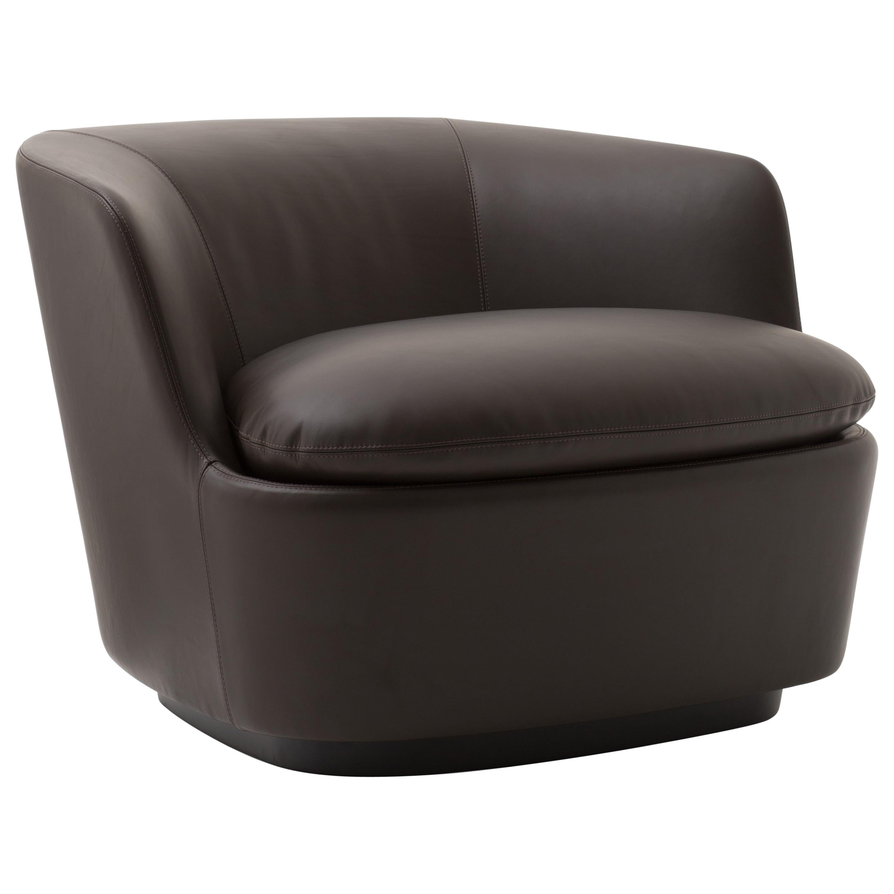 Orla Swivel Armchair in Poplar and Dark Brown Leather by Jasper Morrison