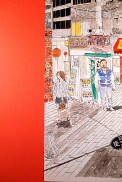 Il s'agit de rues de Tokyo, techniques mixtes sur papier