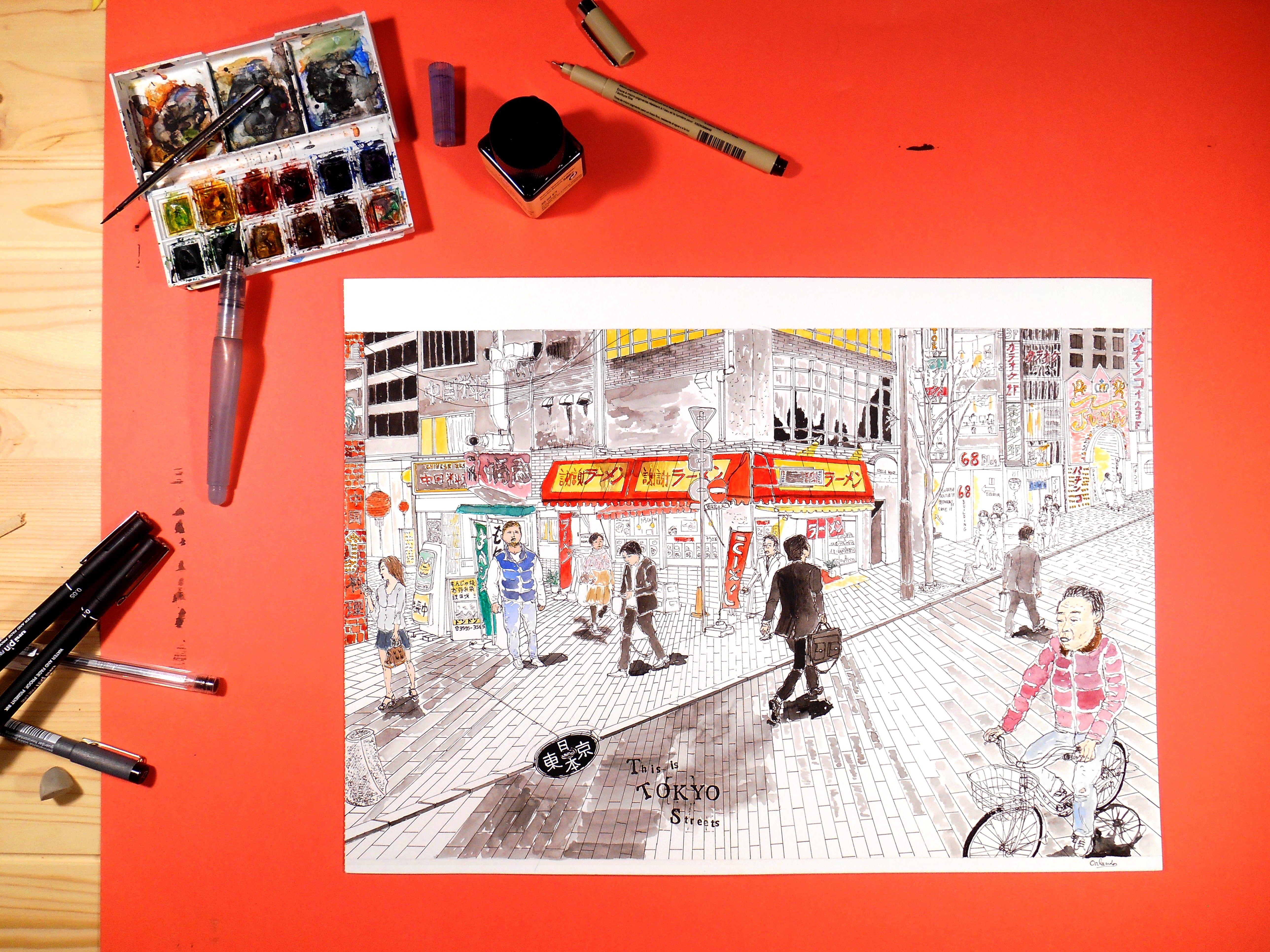 Japan, insbesondere Tokio, ist eines meiner Lieblingsthemen zum Zeichnen. Ich finde immer so viele Details in Bildern von japanischen Straßen. Es entspricht meiner Vorliebe für detaillierte Zeichnungen :: Mixed Media :: Contemporary :: Dieses Werk