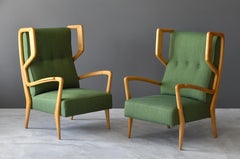 Orlando Orlandi, Rare Lounge Chairs, Green Fabric, Wood, Brianza, Italy, 1948