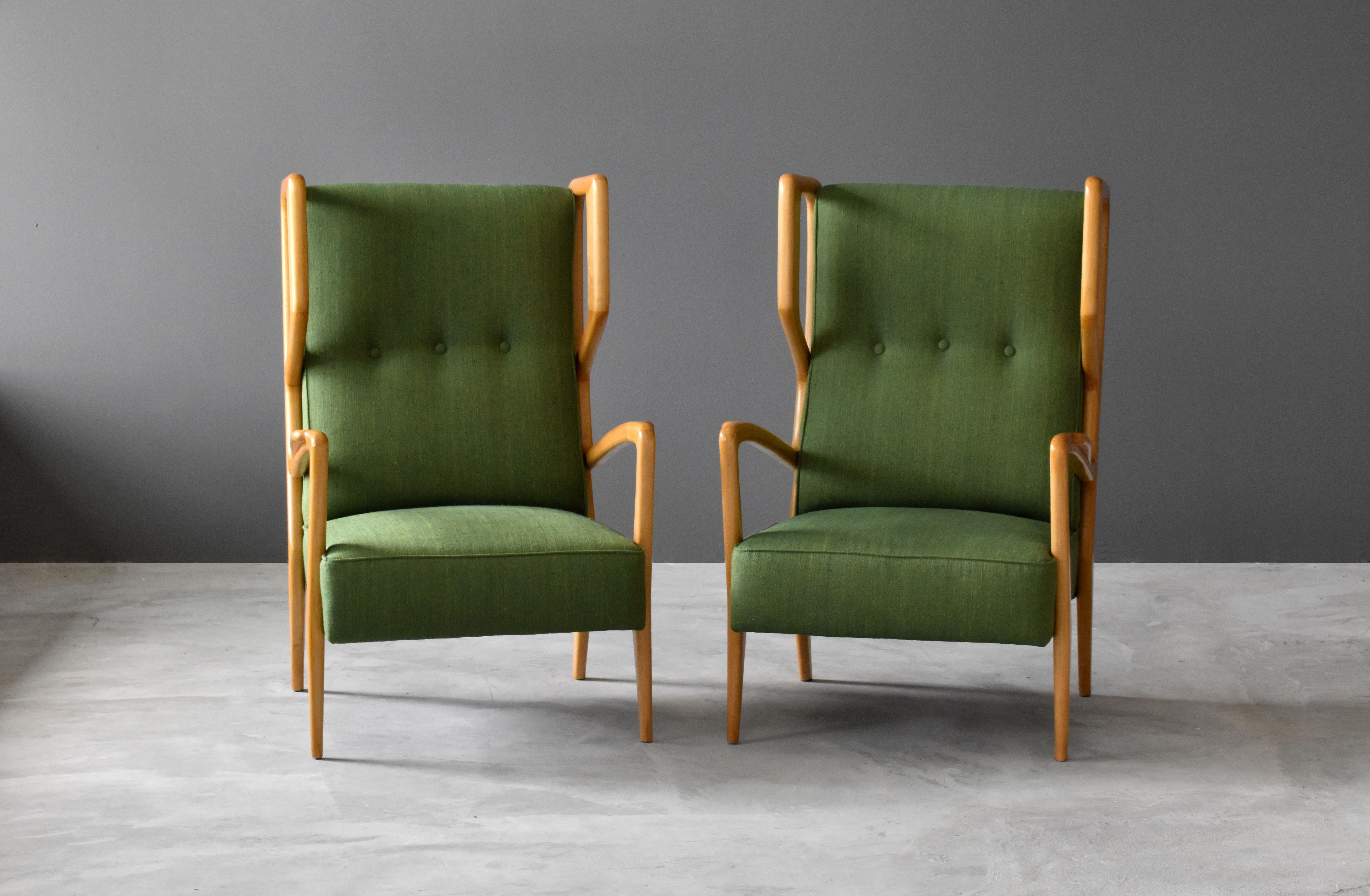 Italian Orlando Orlandi, Rare Lounge Chairs, Green Fabric, Wood, Brianza, Italy, 1948