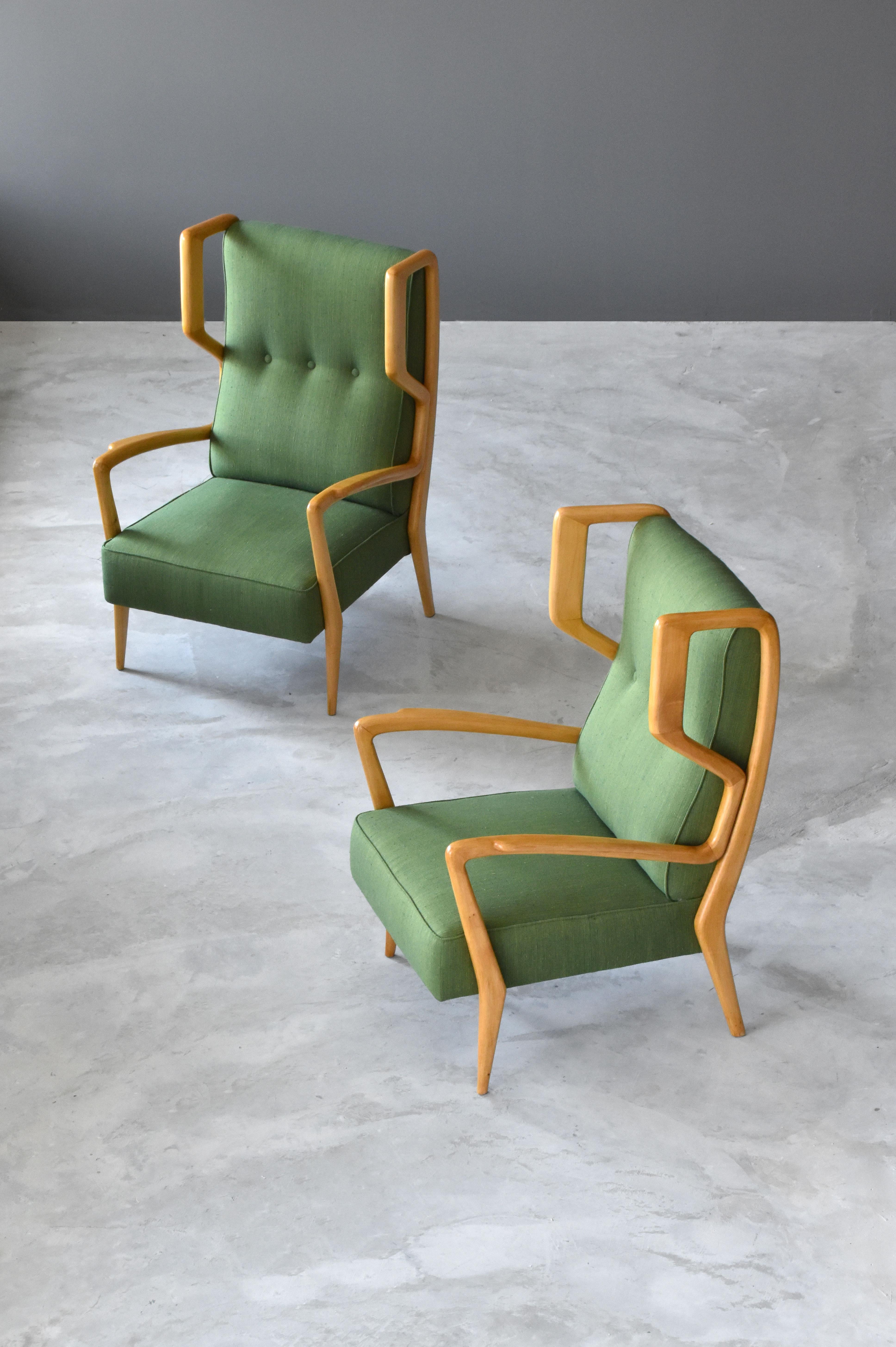 Orlando Orlandi, Rare Lounge Chairs, Green Fabric, Wood, Brianza, Italy, 1948 In Good Condition In High Point, NC