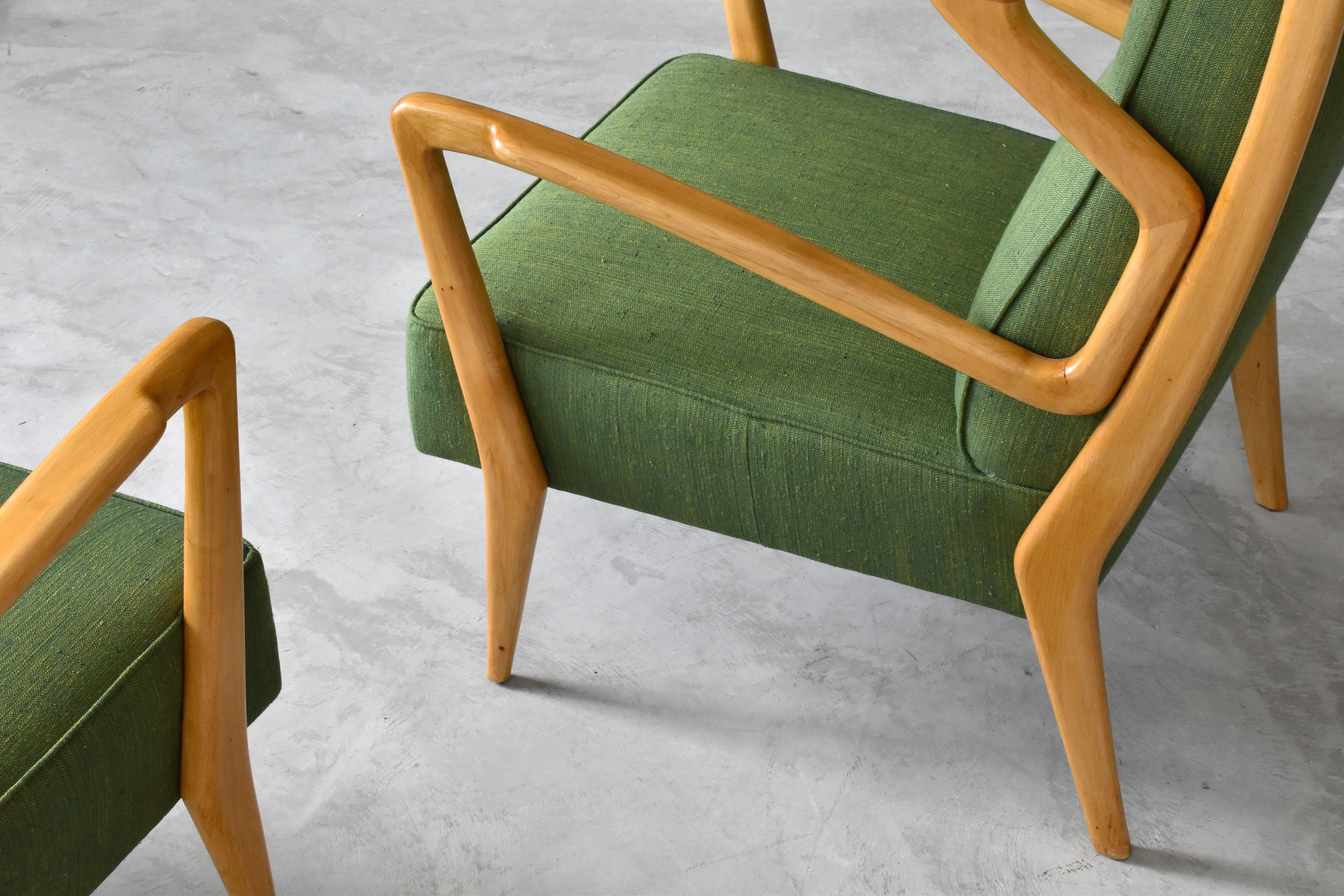 Mid-20th Century Orlando Orlandi, Rare Lounge Chairs, Green Fabric, Wood, Brianza, Italy, 1948