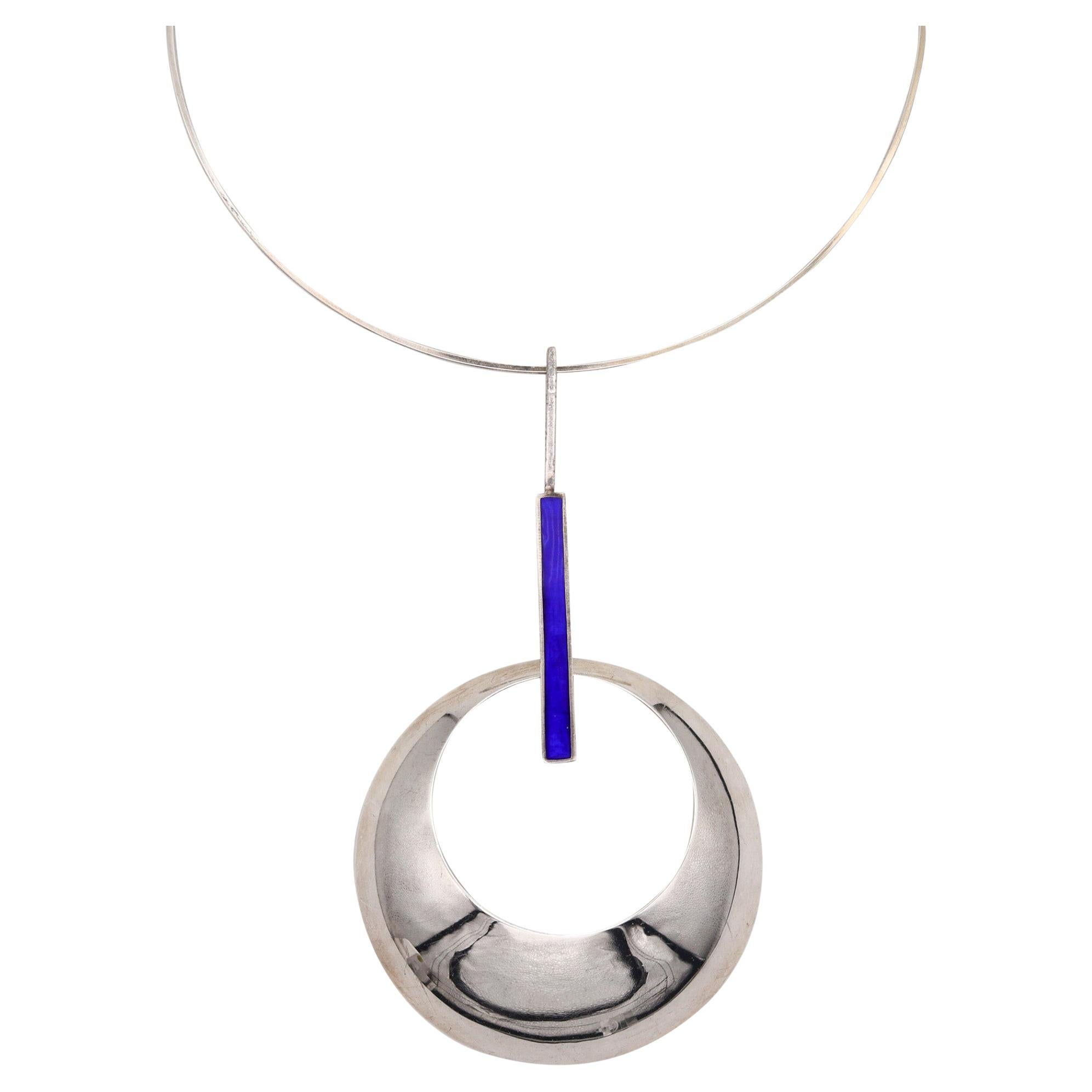Orlando Orlandini 1970 Italy Enameled Geometric Necklace In .925 Sterling Silver For Sale